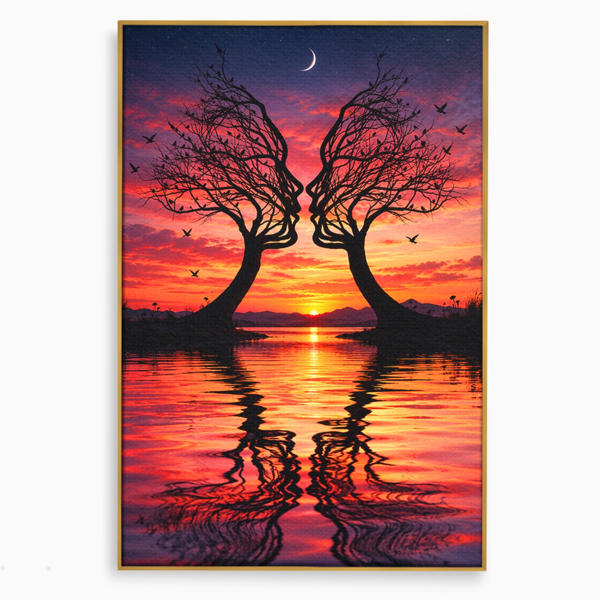 Tablou Canvas Premium LuxCanva® U1217, Siluete Sub Luna, Copaci, Apus, Reflexie, Iubire, Living, Culori Vibrante