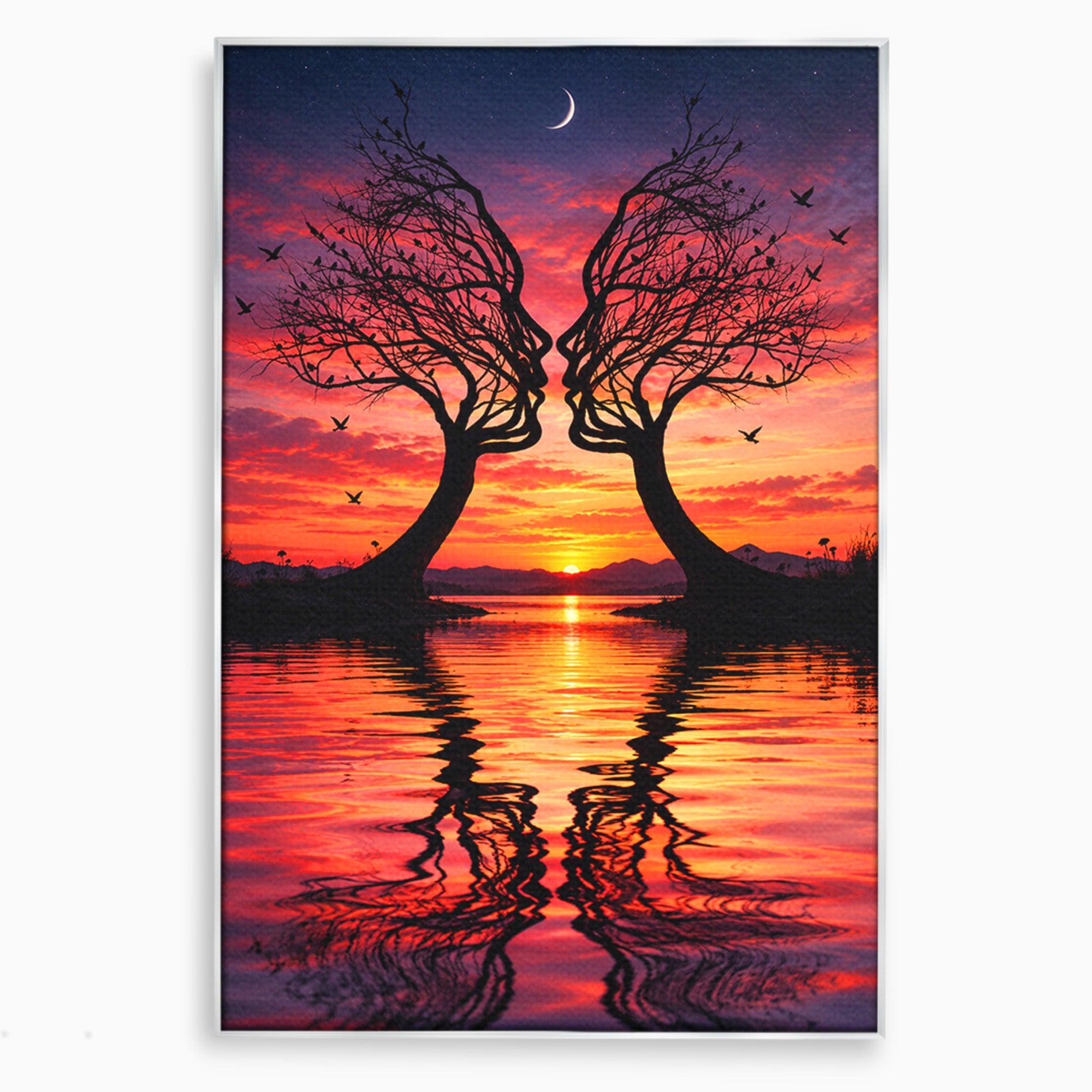 Tablou Canvas Premium LuxCanva® U1217, Siluete Sub Luna, Copaci, Apus, Reflexie, Iubire, Living, Culori Vibrante