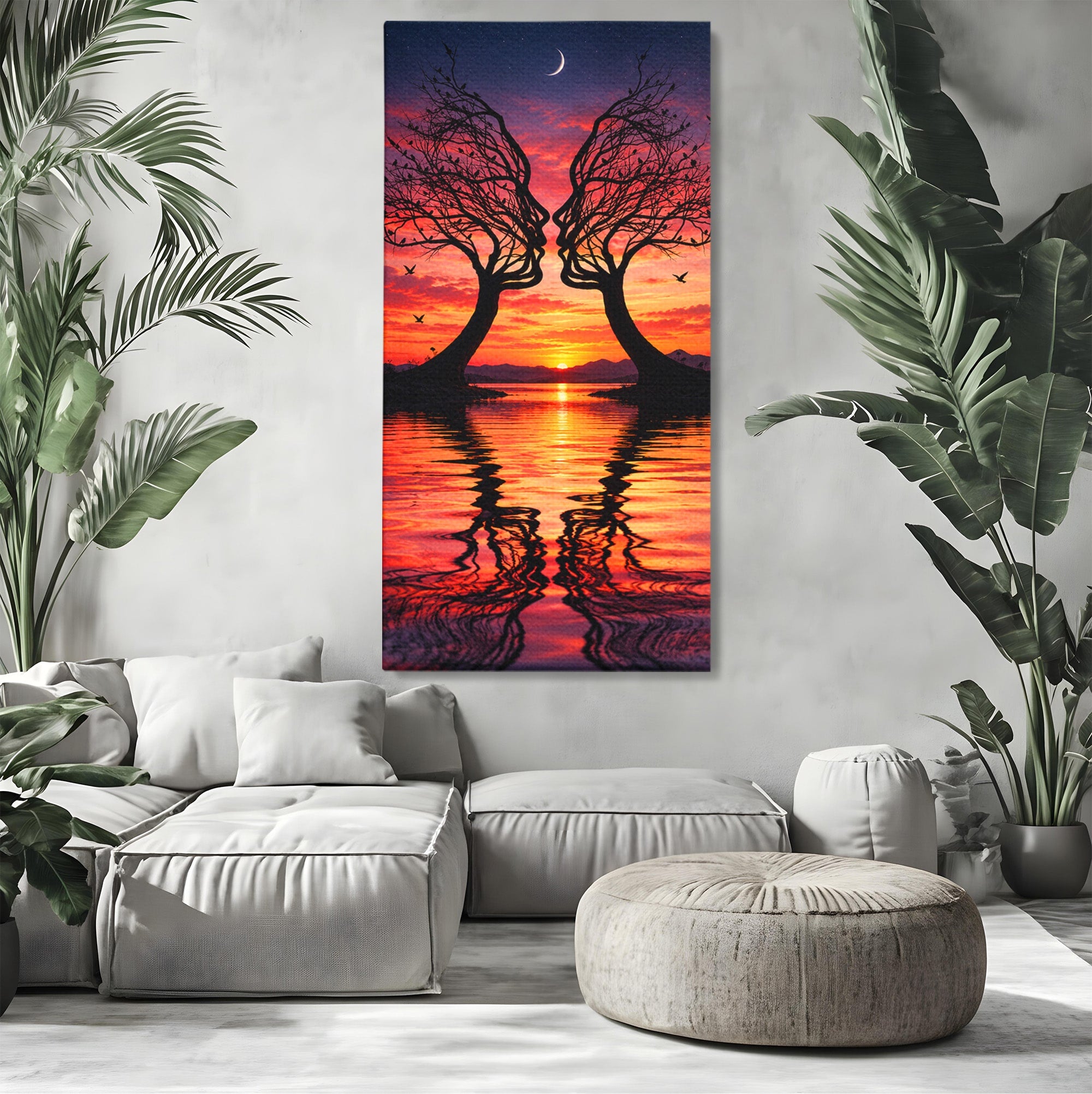 Tablou Canvas Premium LuxCanva® U1217, Siluete Sub Luna, Copaci, Apus, Reflexie, Iubire, Living, Culori Vibrante