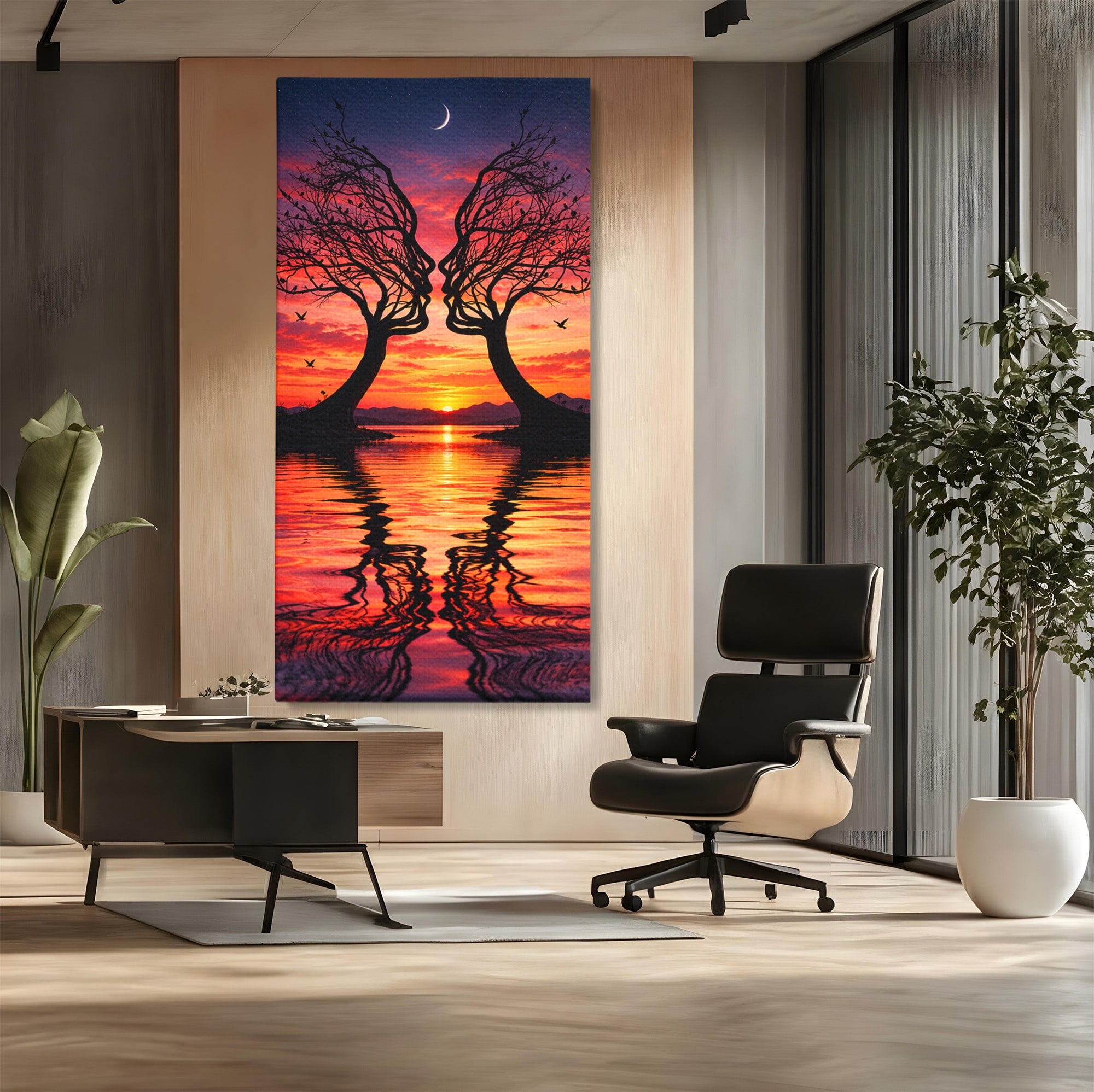 Tablou Canvas Premium LuxCanva® U1217, Siluete Sub Luna, Copaci, Apus, Reflexie, Iubire, Living, Culori Vibrante