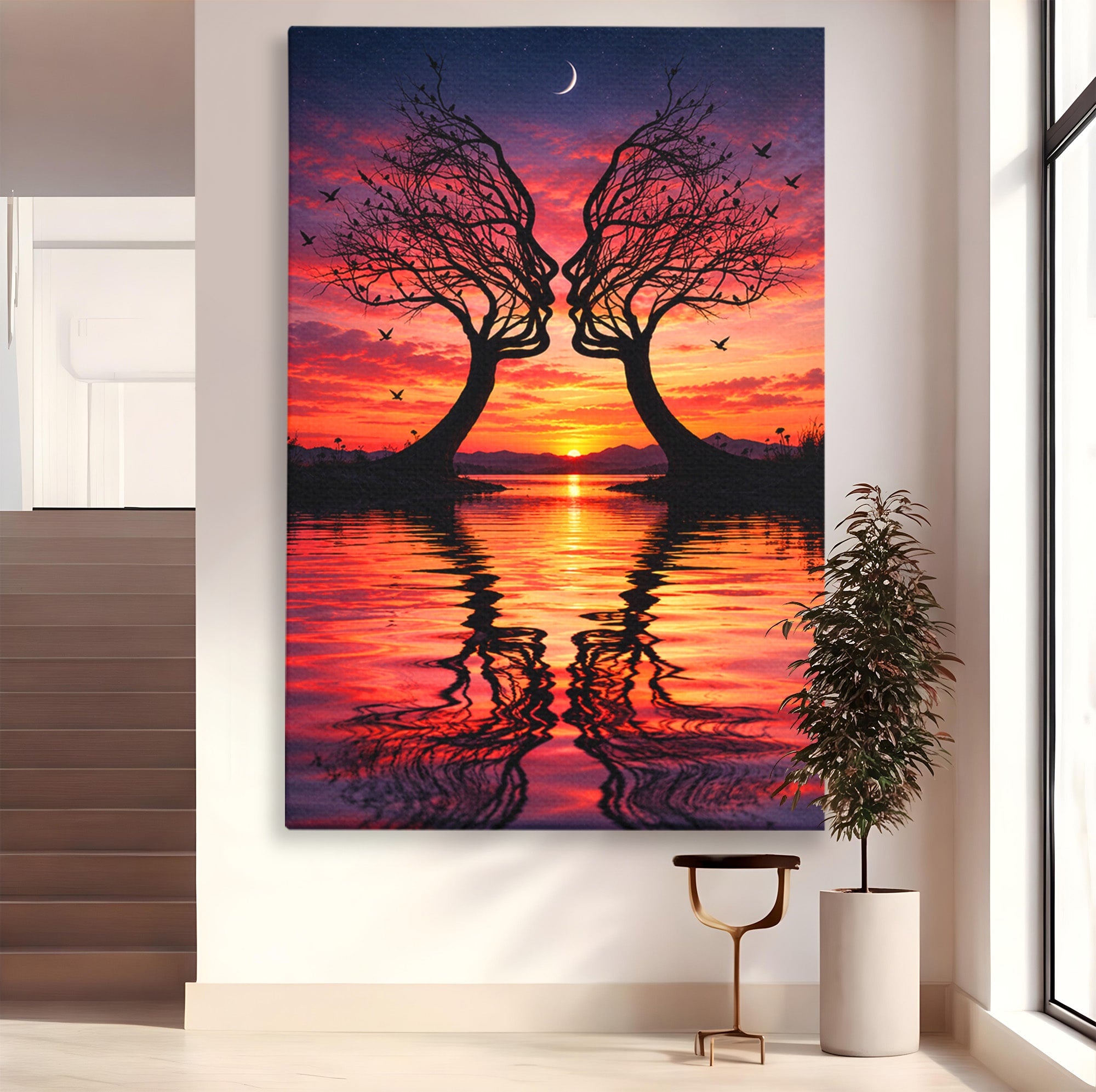 Tablou Canvas Premium LuxCanva® U1217, Siluete Sub Luna, Copaci, Apus, Reflexie, Iubire, Living, Culori Vibrante