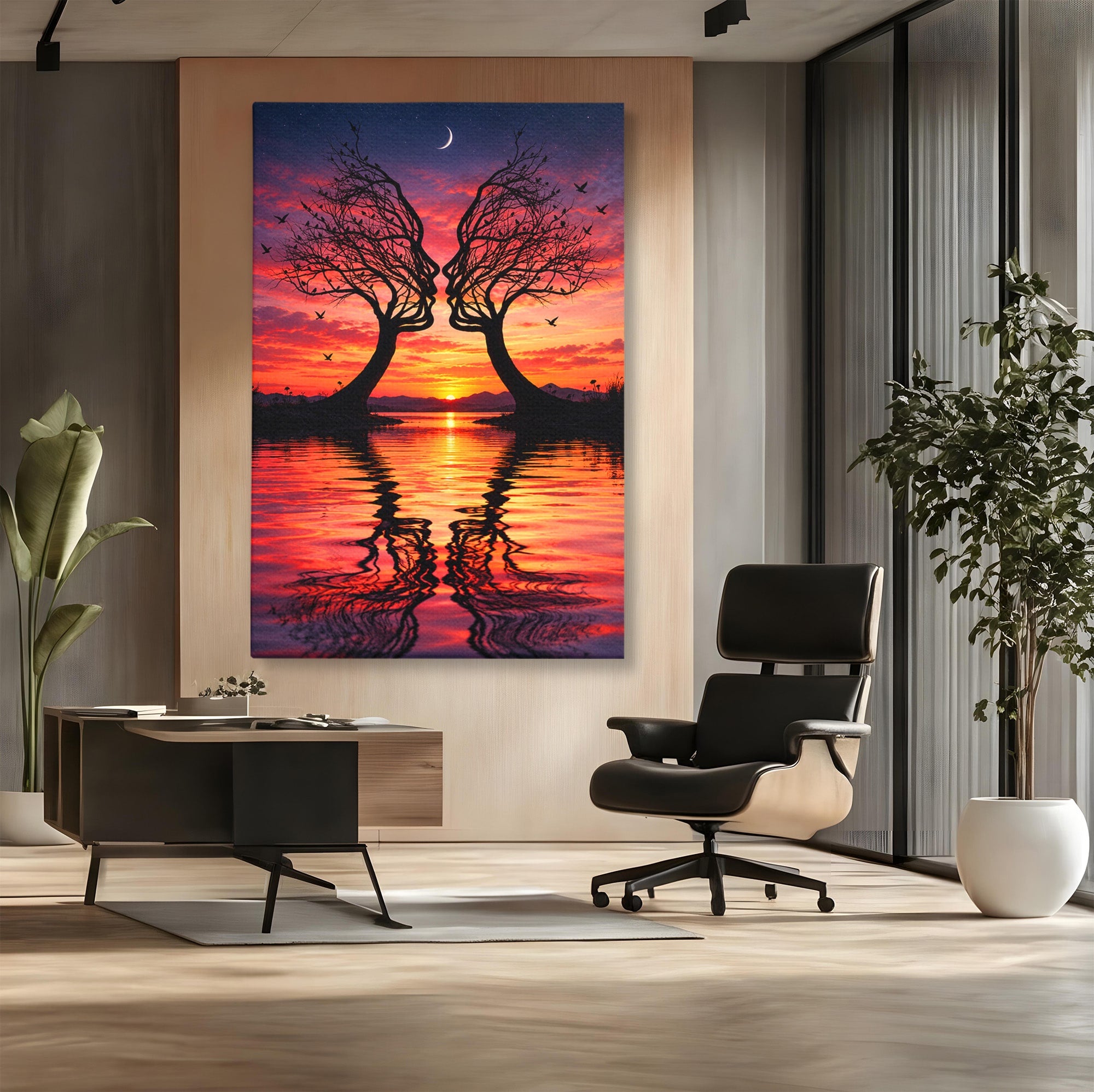 Tablou Canvas Premium LuxCanva® U1217, Siluete Sub Luna, Copaci, Apus, Reflexie, Iubire, Living, Culori Vibrante