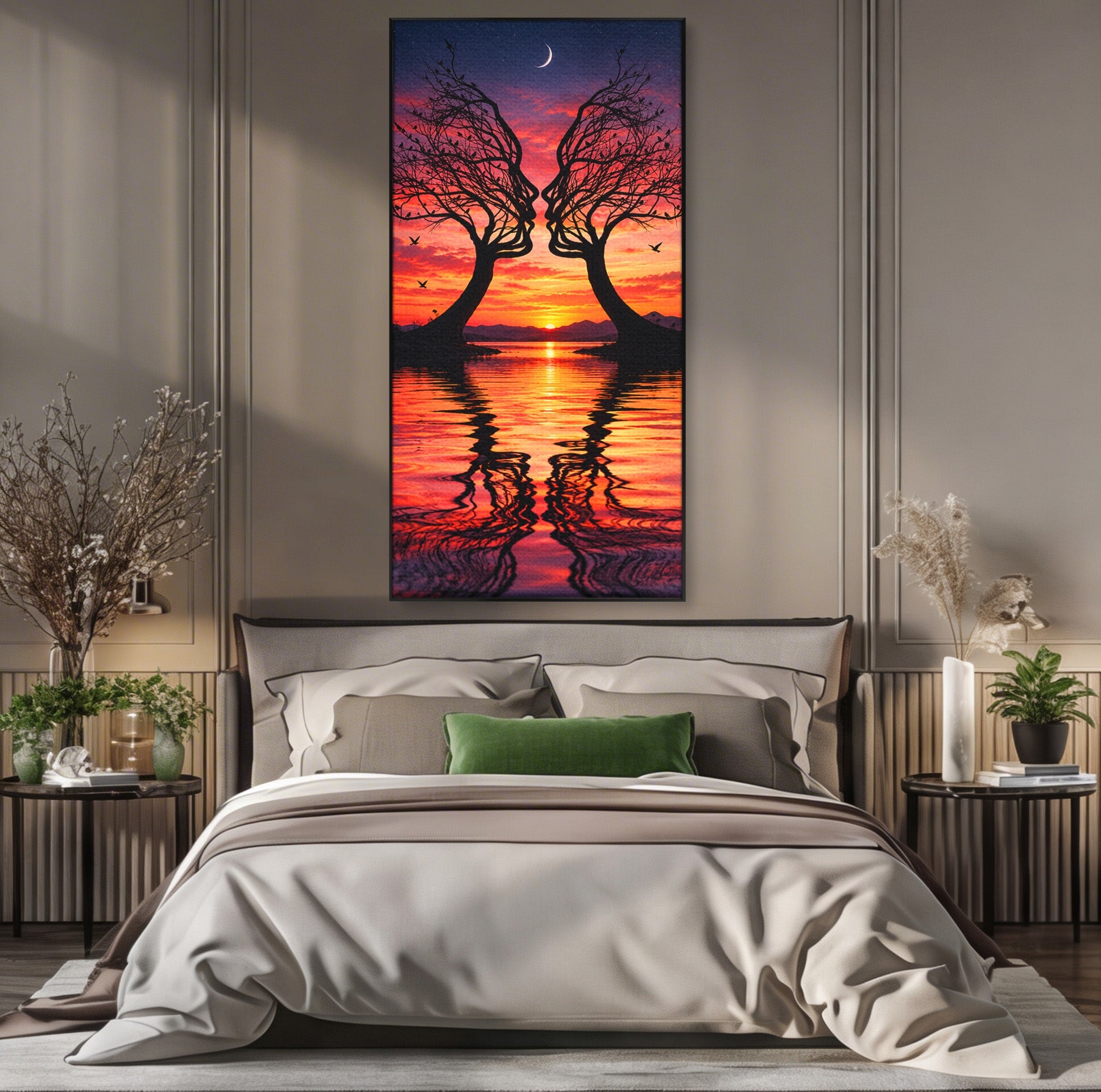 Tablou Canvas Premium LuxCanva® U1217, Siluete Sub Luna, Copaci, Apus, Reflexie, Iubire, Living, Culori Vibrante