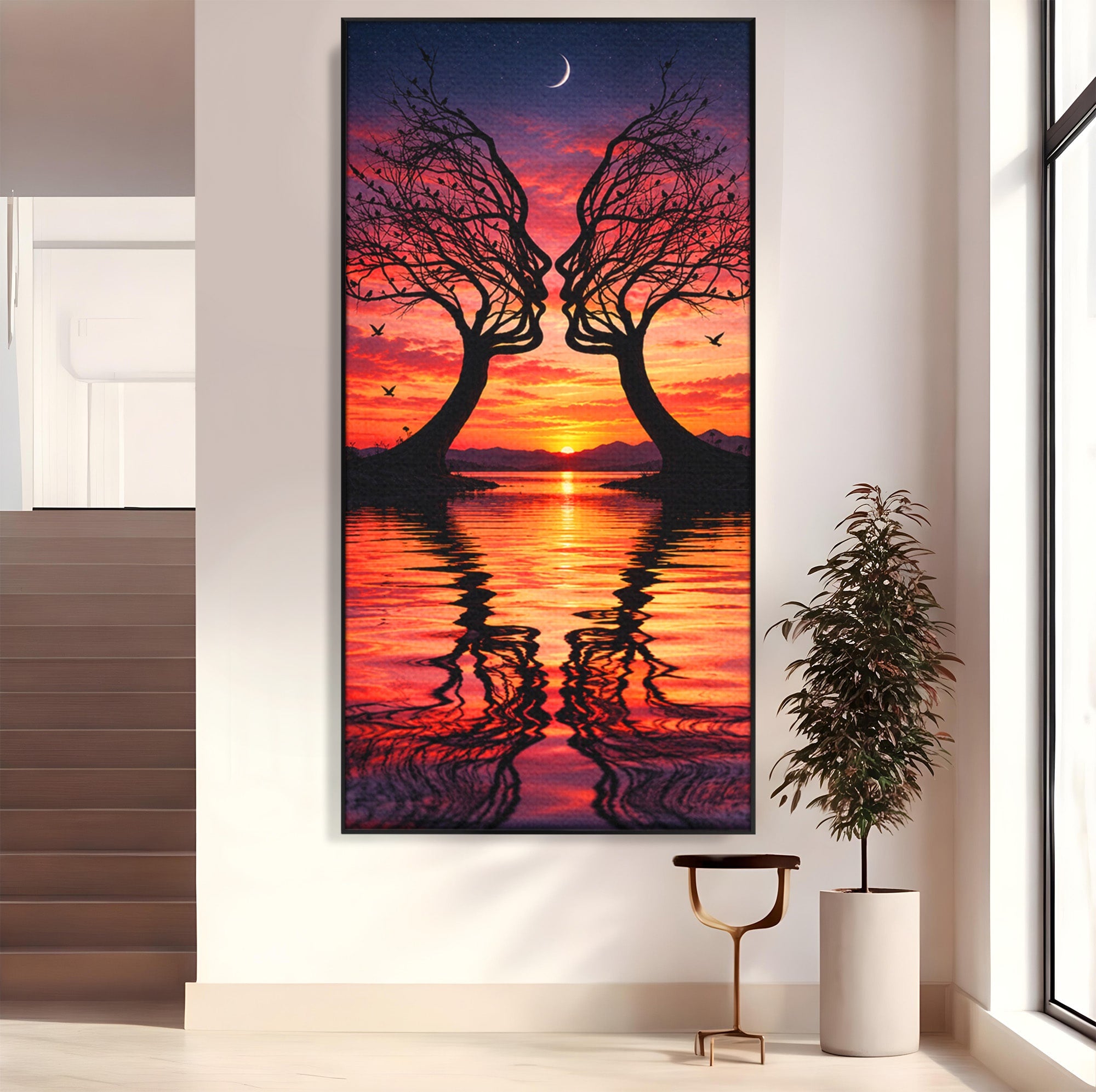 Tablou Canvas Premium LuxCanva® U1217, Siluete Sub Luna, Copaci, Apus, Reflexie, Iubire, Living, Culori Vibrante