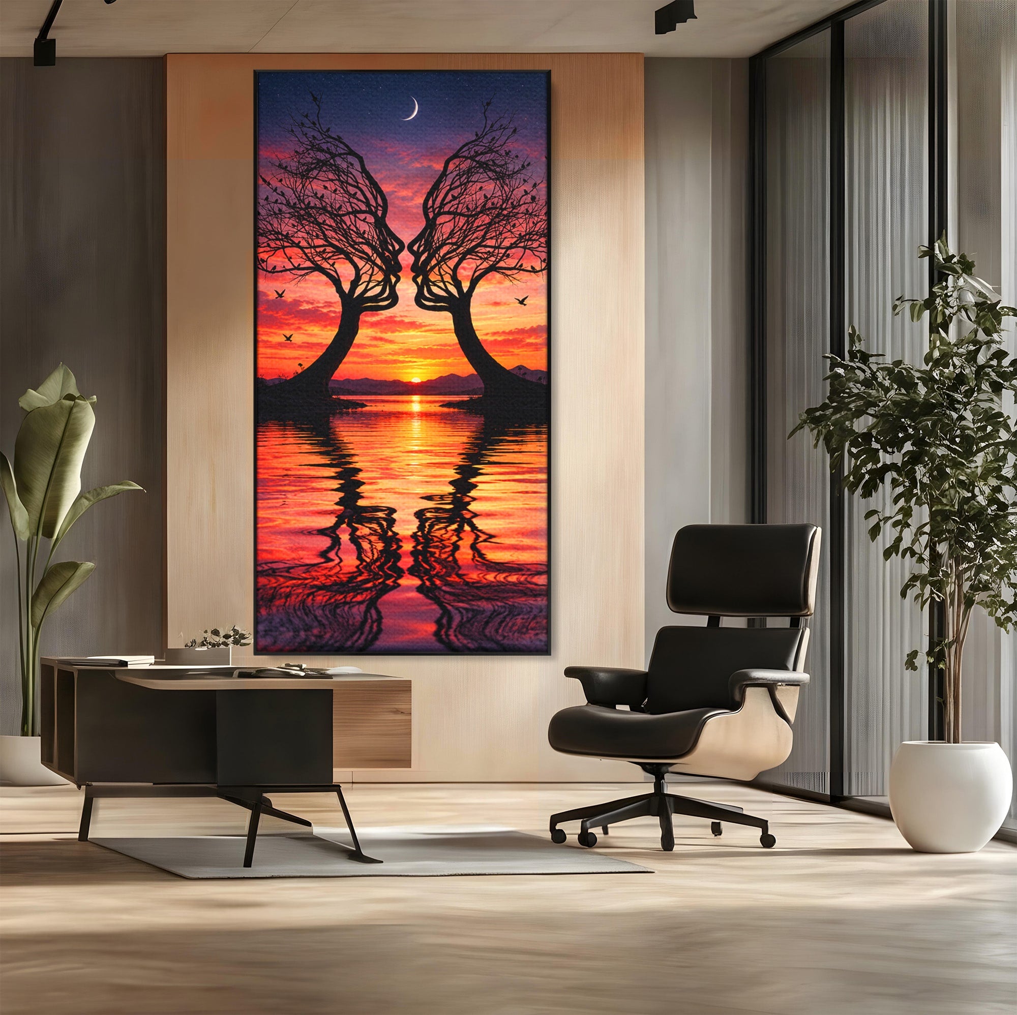 Tablou Canvas Premium LuxCanva® U1217, Siluete Sub Luna, Copaci, Apus, Reflexie, Iubire, Living, Culori Vibrante