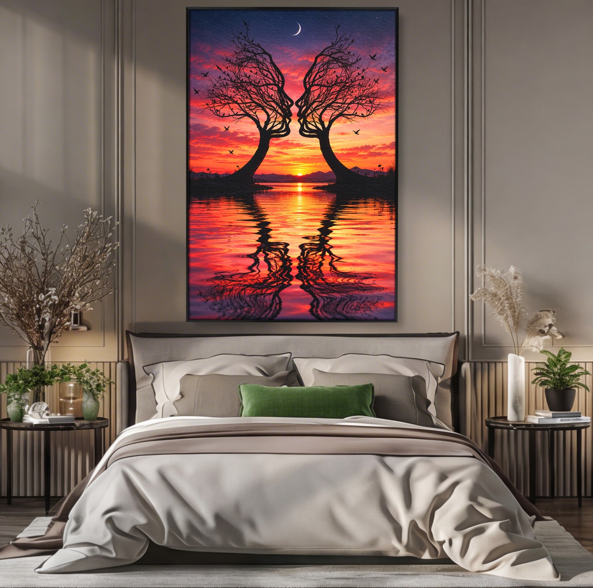 Tablou Canvas Premium LuxCanva® U1217, Siluete Sub Luna, Copaci, Apus, Reflexie, Iubire, Living, Culori Vibrante