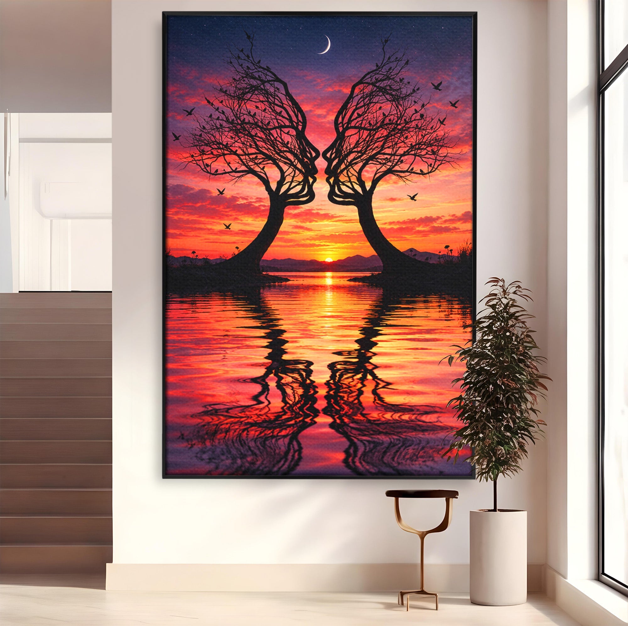 Tablou Canvas Premium LuxCanva® U1217, Siluete Sub Luna, Copaci, Apus, Reflexie, Iubire, Living, Culori Vibrante