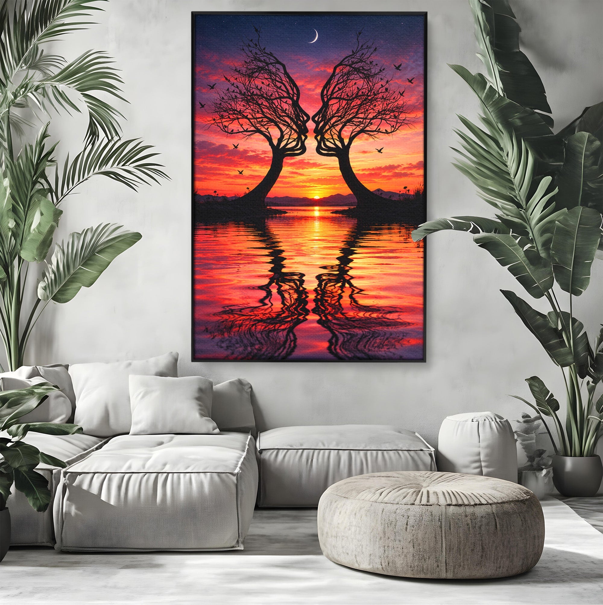 Tablou Canvas Premium LuxCanva® U1217, Siluete Sub Luna, Copaci, Apus, Reflexie, Iubire, Living, Culori Vibrante