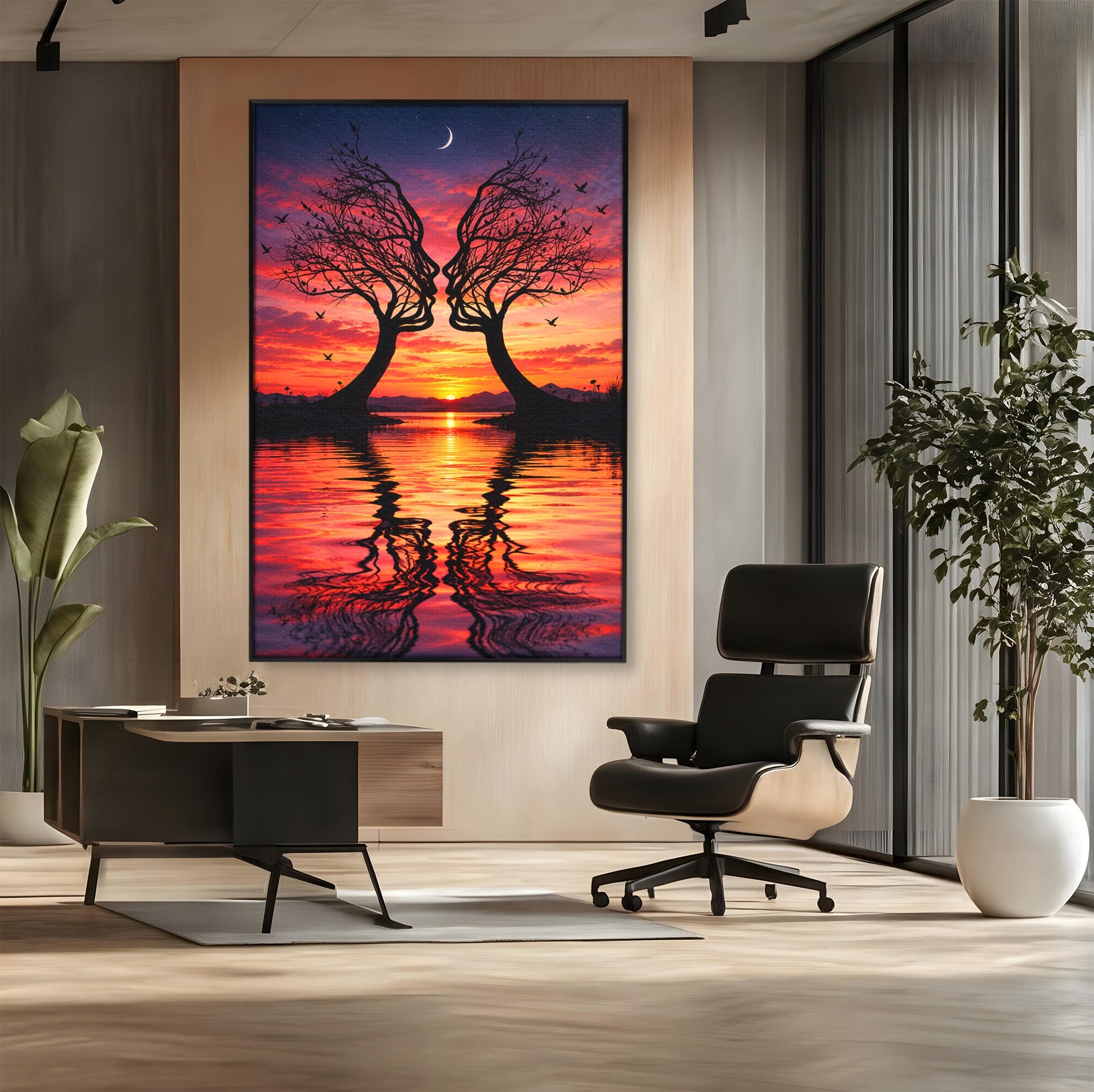 Tablou Canvas Premium LuxCanva® U1217, Siluete Sub Luna, Copaci, Apus, Reflexie, Iubire, Living, Culori Vibrante