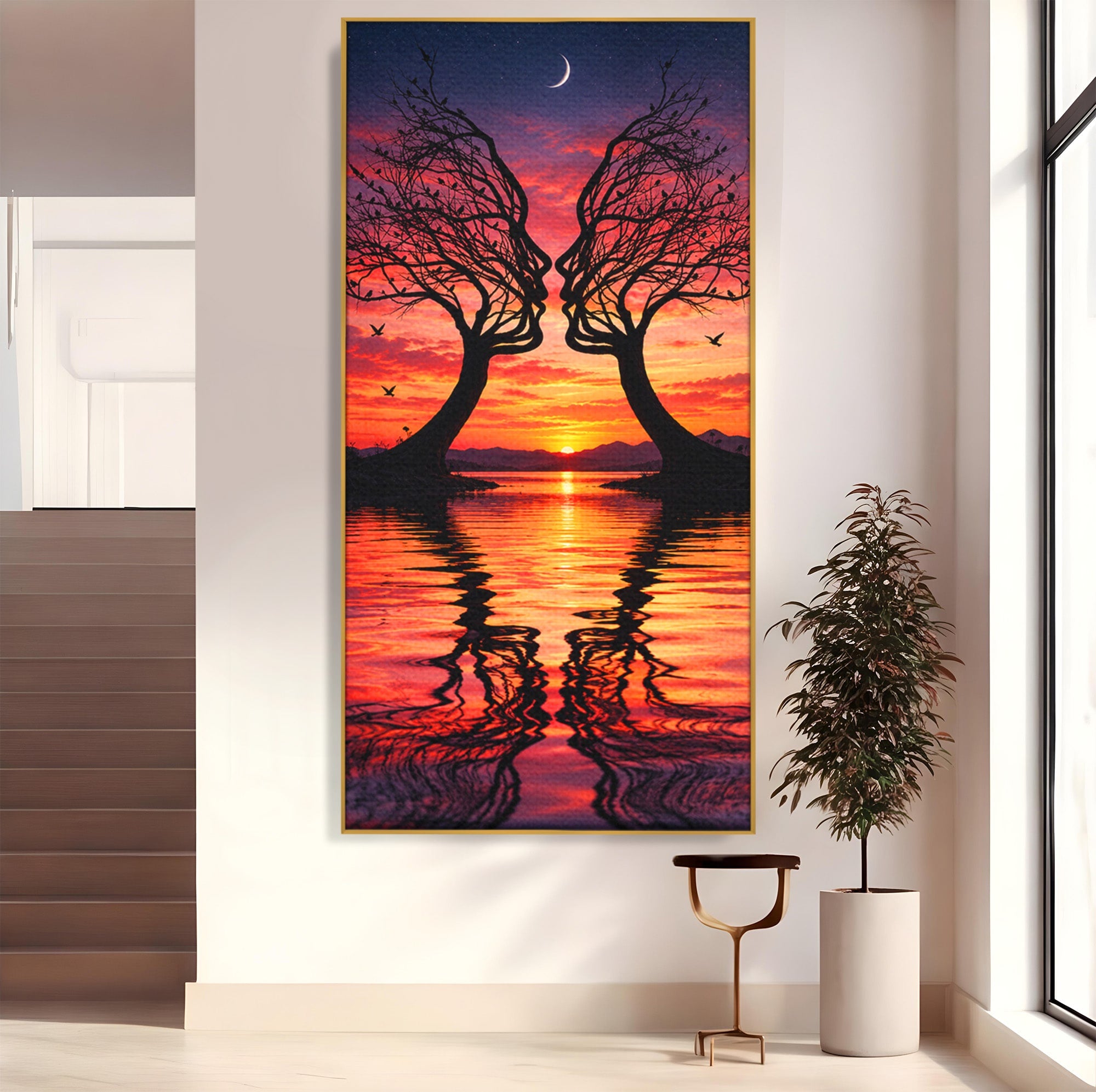 Tablou Canvas Premium LuxCanva® U1217, Siluete Sub Luna, Copaci, Apus, Reflexie, Iubire, Living, Culori Vibrante