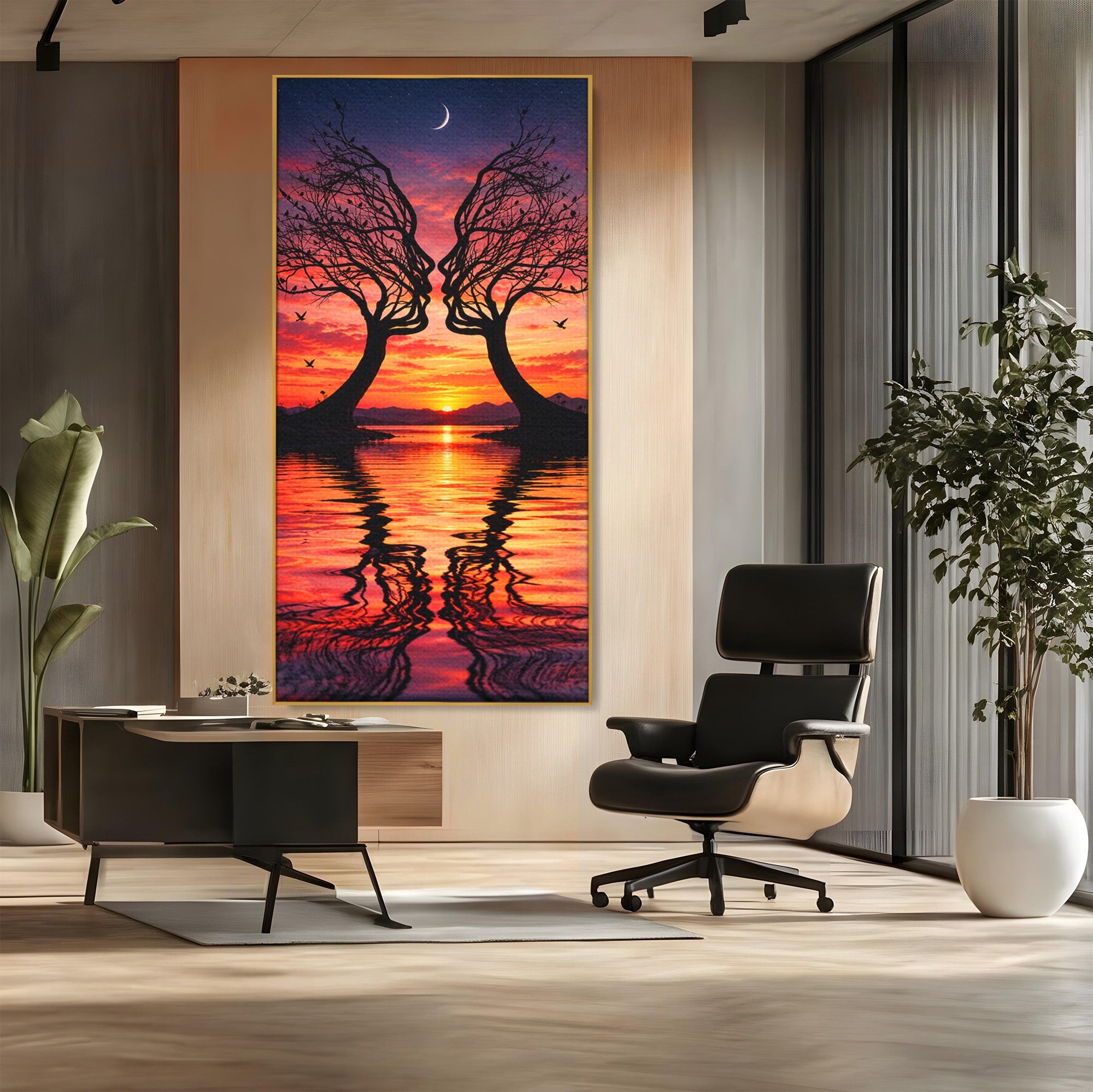 Tablou Canvas Premium LuxCanva® U1217, Siluete Sub Luna, Copaci, Apus, Reflexie, Iubire, Living, Culori Vibrante