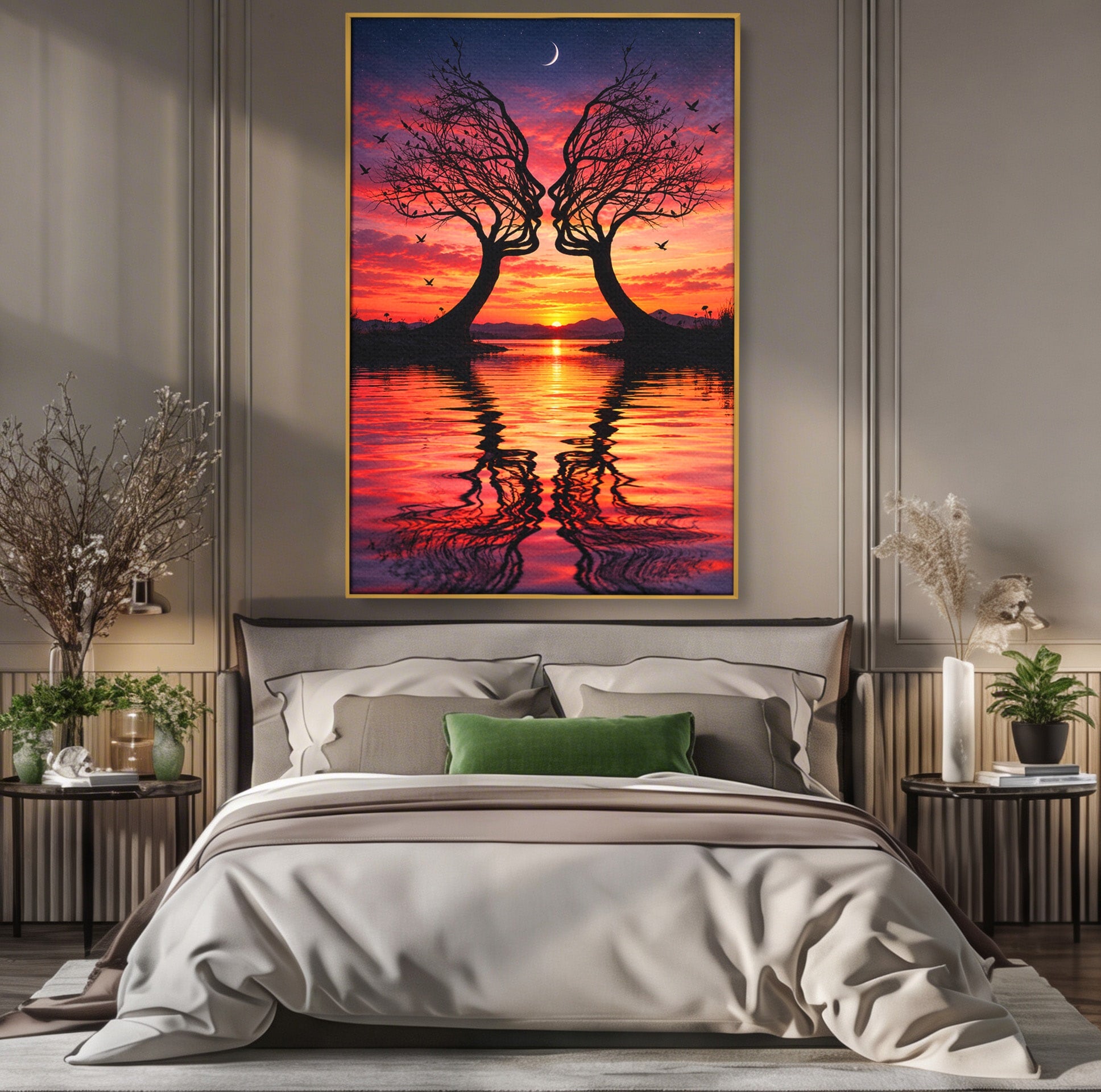 Tablou Canvas Premium LuxCanva® U1217, Siluete Sub Luna, Copaci, Apus, Reflexie, Iubire, Living, Culori Vibrante
