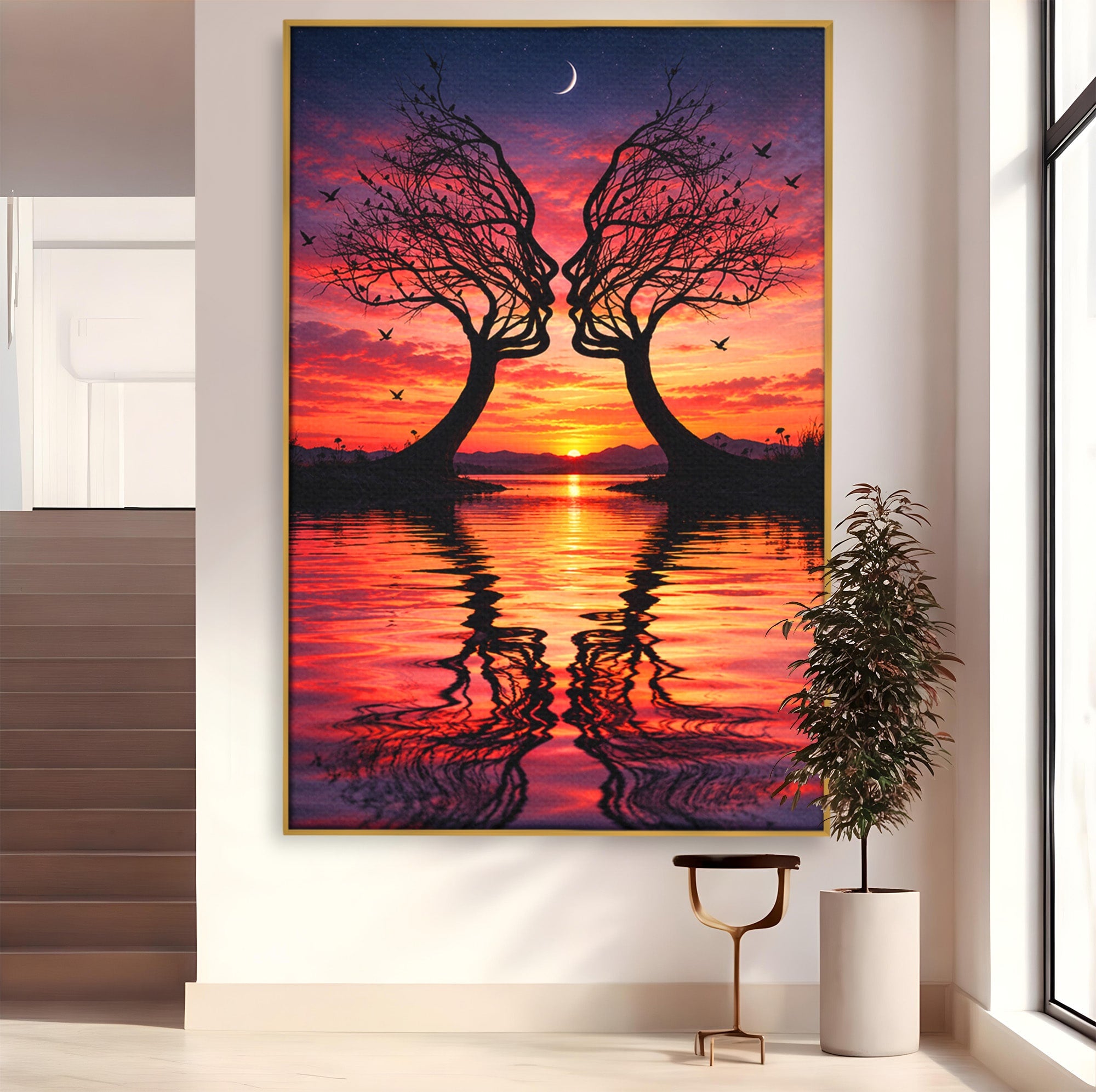 Tablou Canvas Premium LuxCanva® U1217, Siluete Sub Luna, Copaci, Apus, Reflexie, Iubire, Living, Culori Vibrante