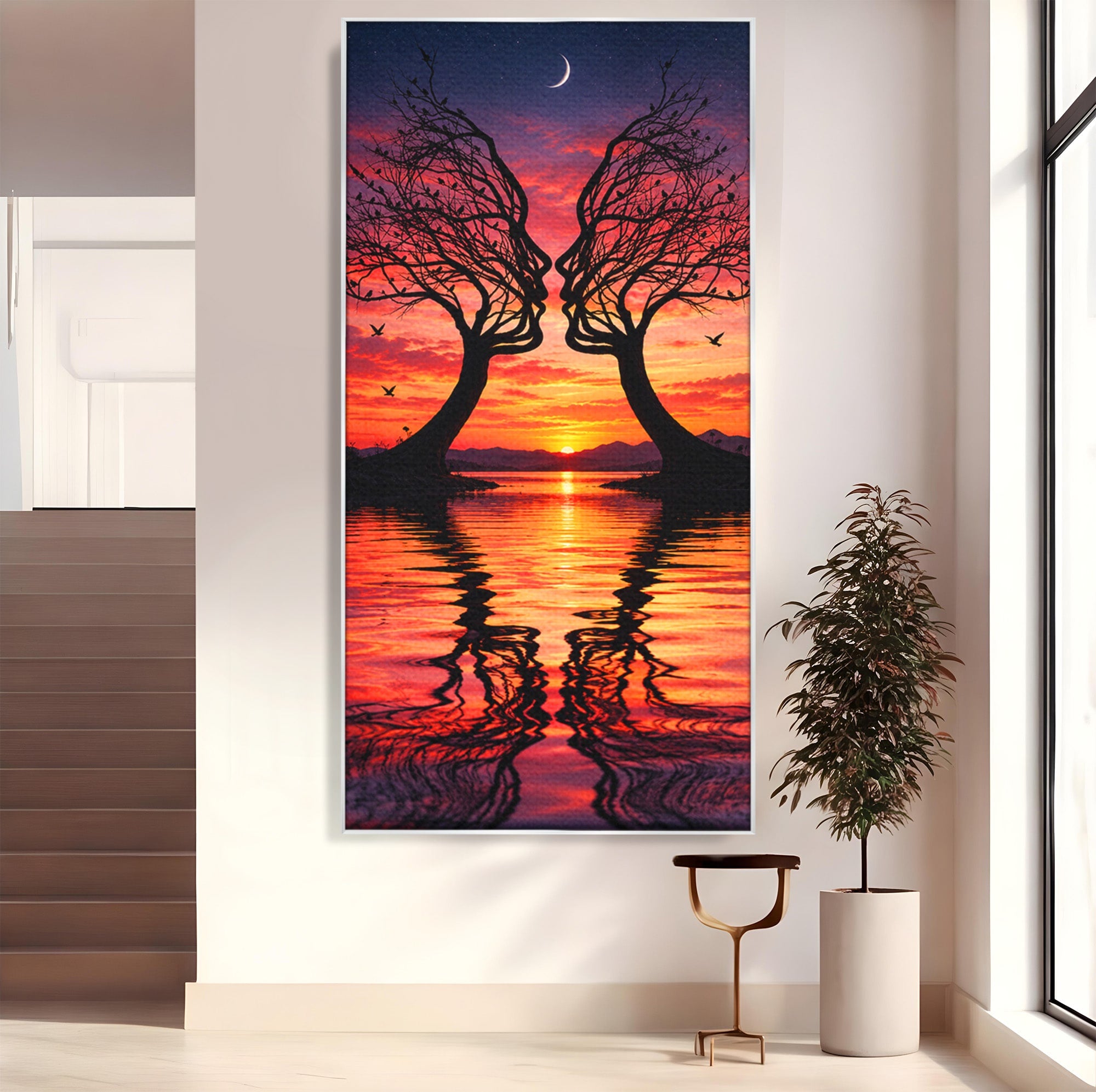 Tablou Canvas Premium LuxCanva® U1217, Siluete Sub Luna, Copaci, Apus, Reflexie, Iubire, Living, Culori Vibrante