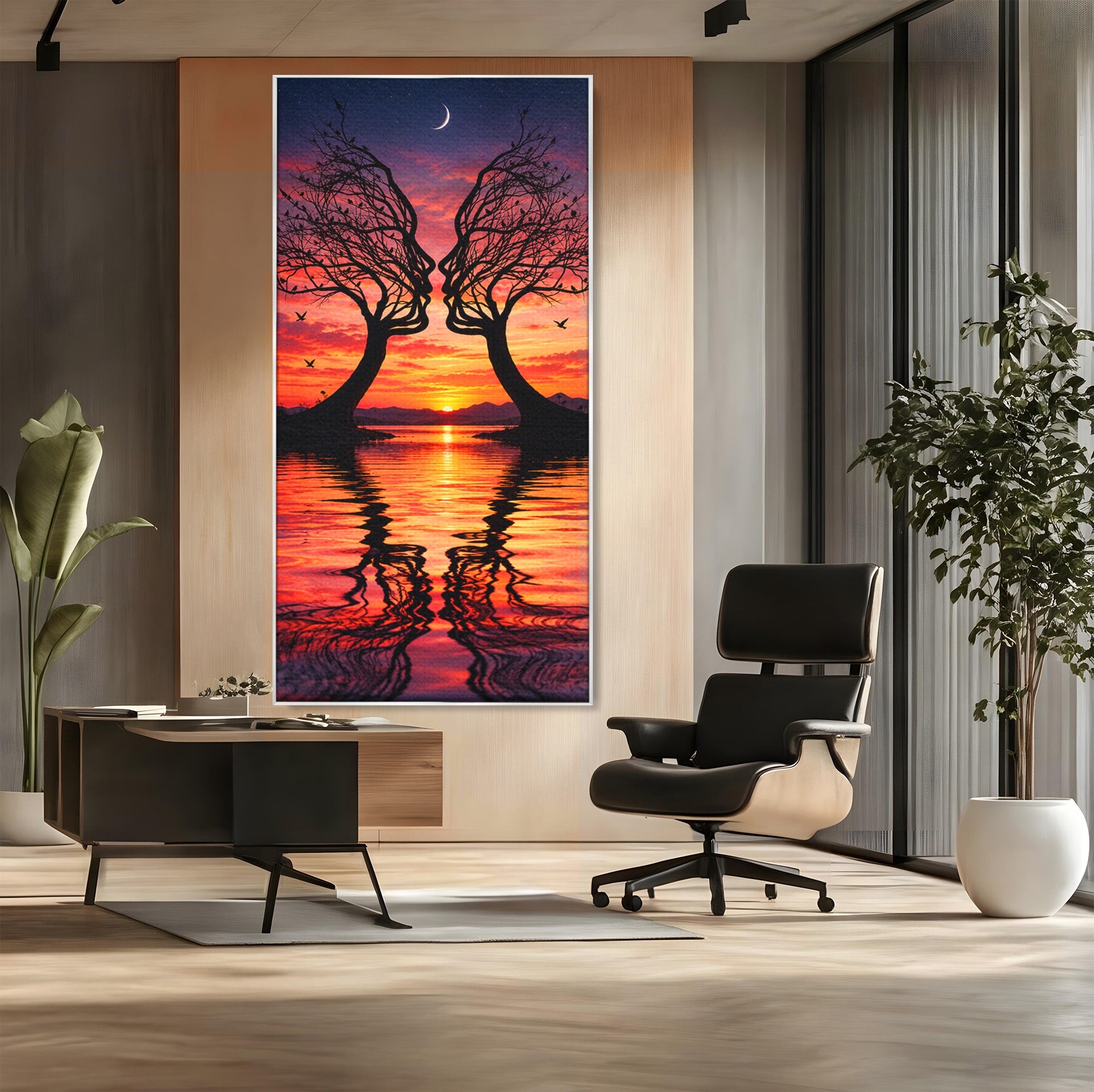 Tablou Canvas Premium LuxCanva® U1217, Siluete Sub Luna, Copaci, Apus, Reflexie, Iubire, Living, Culori Vibrante