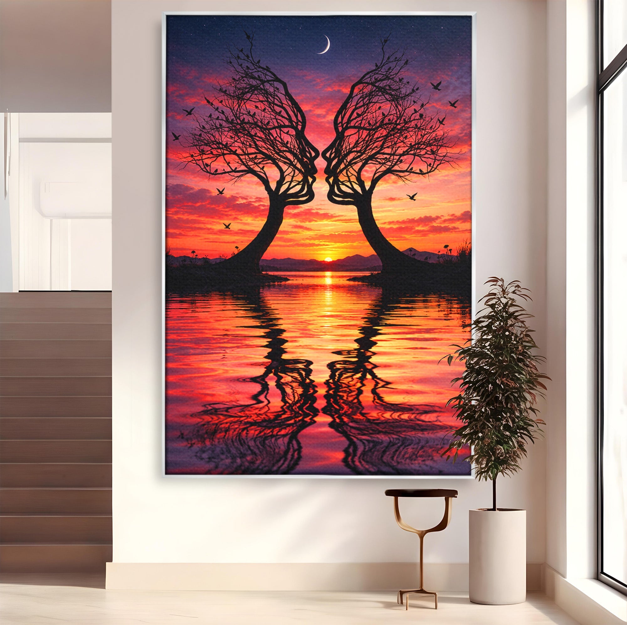 Tablou Canvas Premium LuxCanva® U1217, Siluete Sub Luna, Copaci, Apus, Reflexie, Iubire, Living, Culori Vibrante