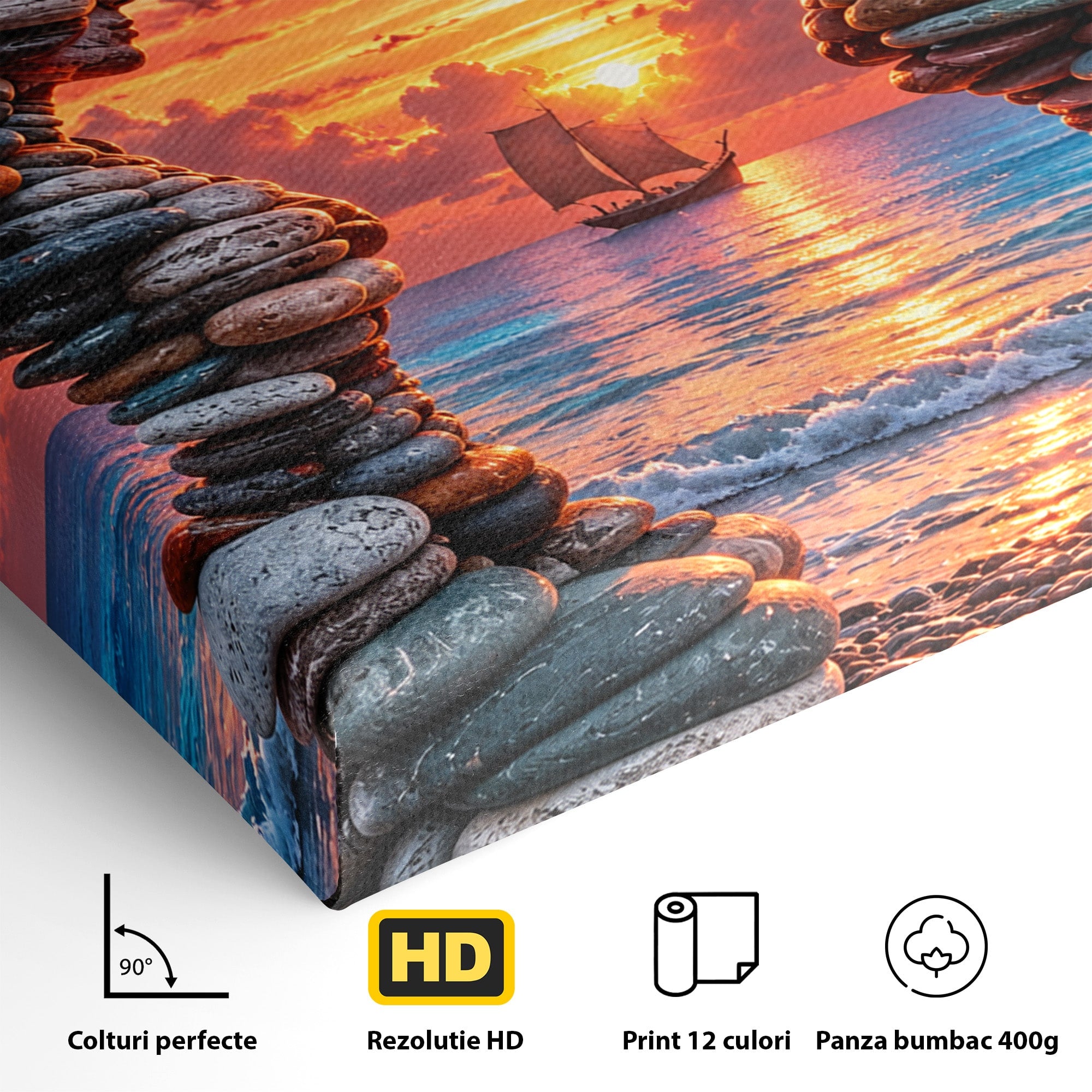 Tablou Canvas Premium LuxCanva® U1218, Siluete De Piatra La Apus, Mare, Vapor, Siluete, Piatra, Apus, Living, Dormitor, Culori Vibrante