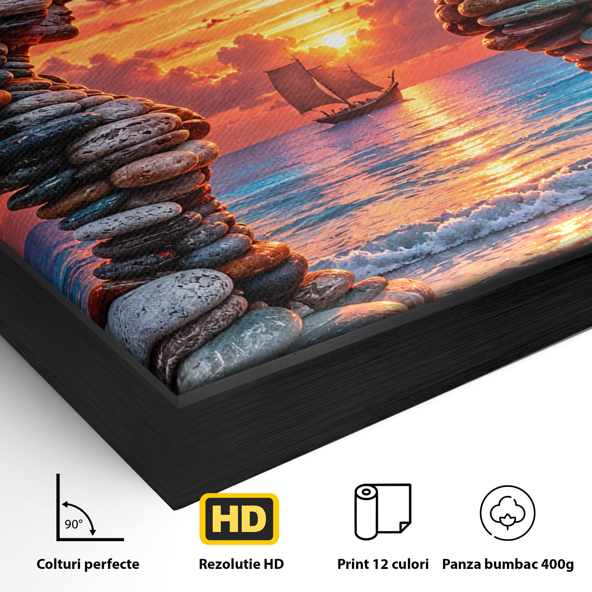 Tablou Canvas Premium LuxCanva® U1218, Siluete De Piatra La Apus, Mare, Vapor, Siluete, Piatra, Apus, Living, Dormitor, Culori Vibrante