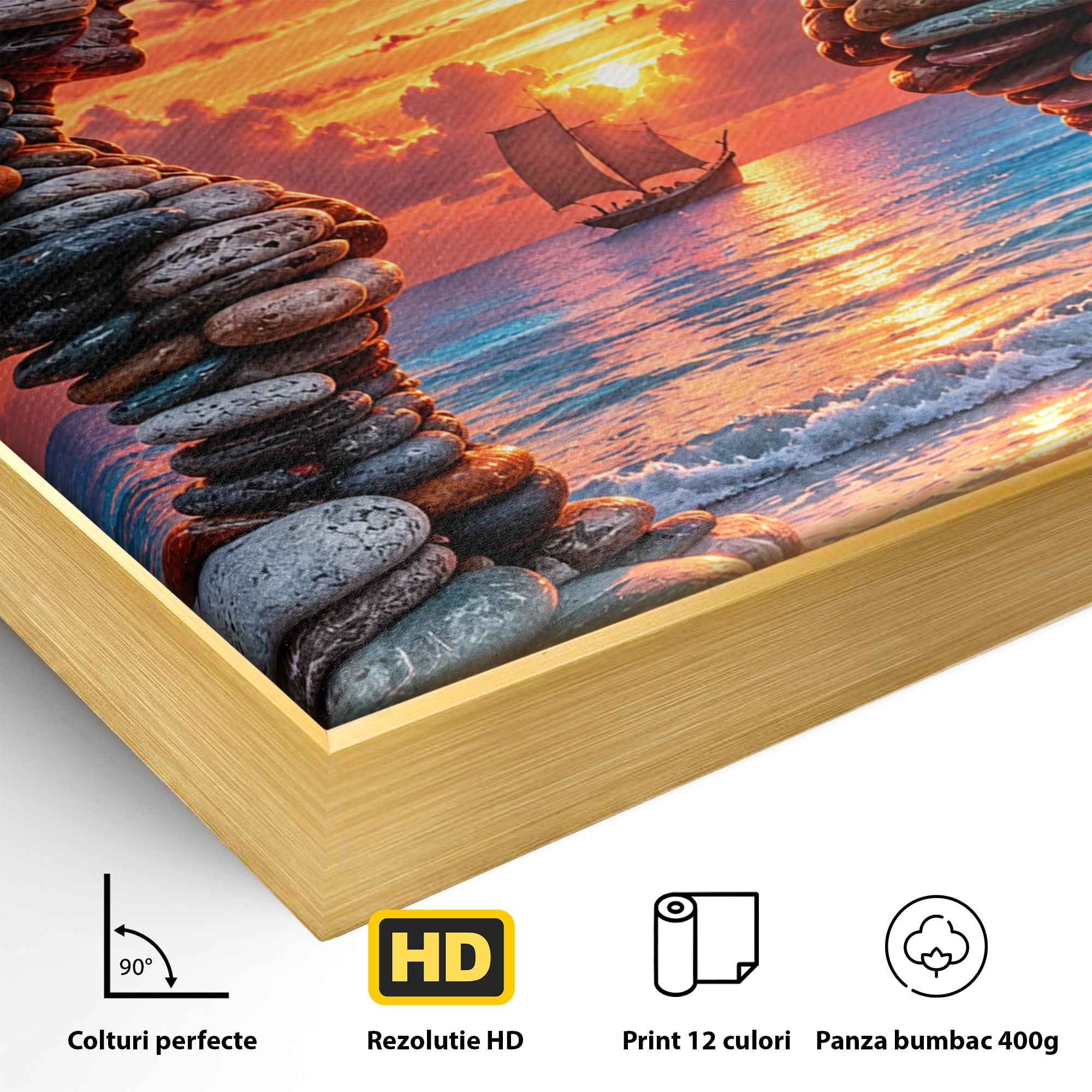 Tablou Canvas Premium LuxCanva® U1218, Siluete De Piatra La Apus, Mare, Vapor, Siluete, Piatra, Apus, Living, Dormitor, Culori Vibrante