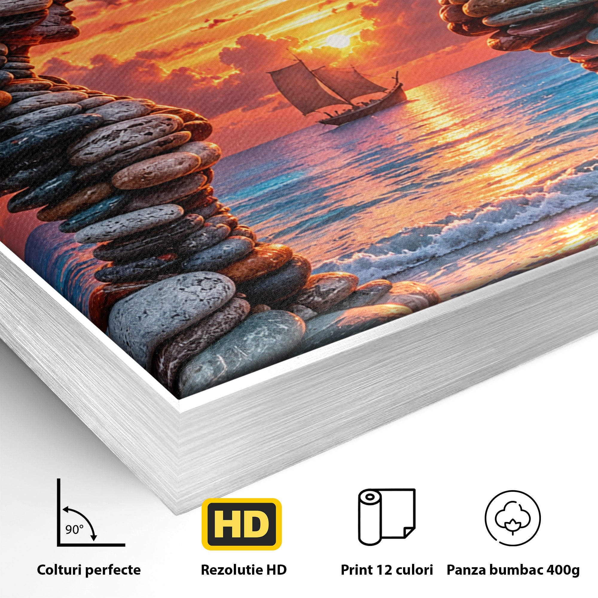 Tablou Canvas Premium LuxCanva® U1218, Siluete De Piatra La Apus, Mare, Vapor, Siluete, Piatra, Apus, Living, Dormitor, Culori Vibrante
