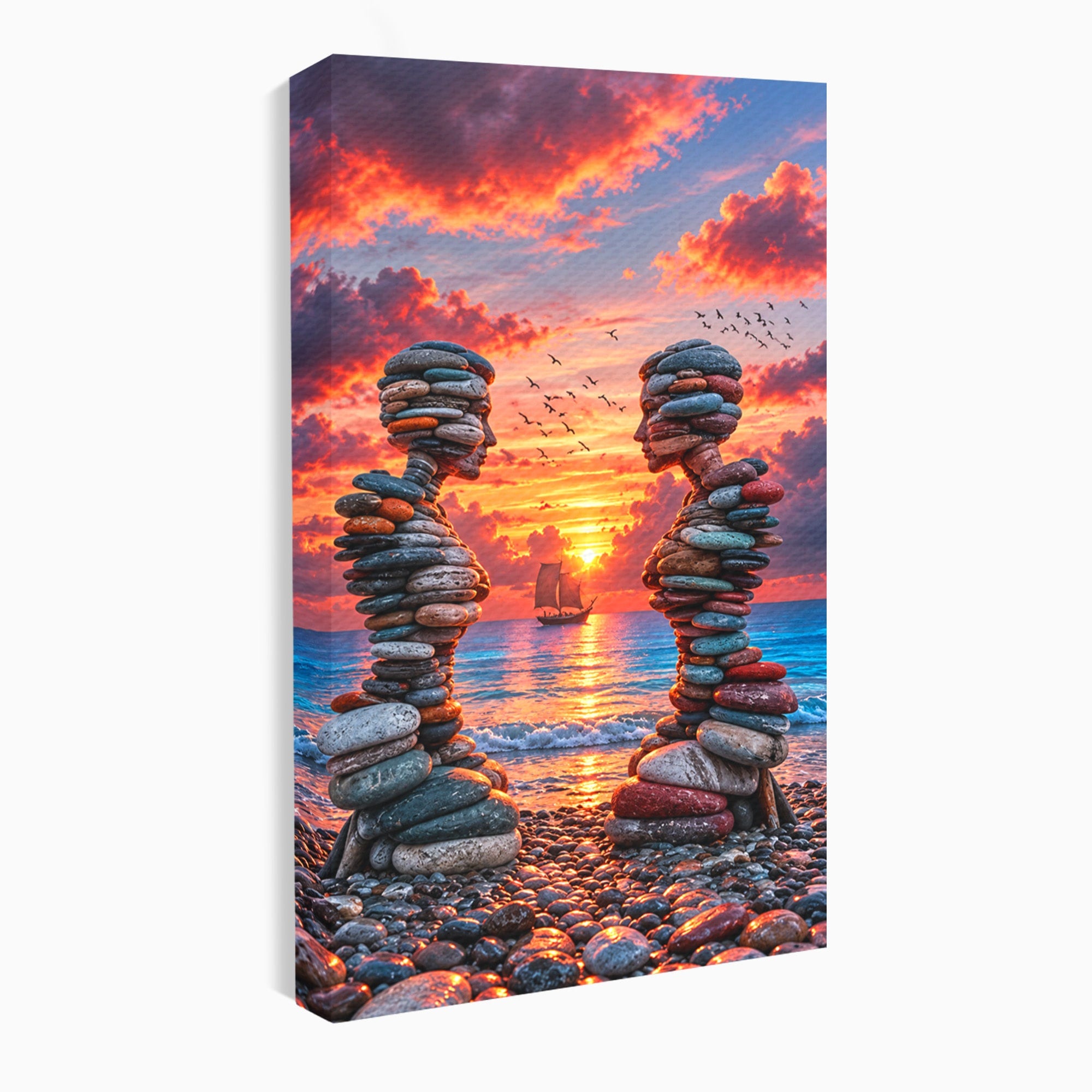 Tablou Canvas Premium LuxCanva® U1218, Siluete De Piatra La Apus, Mare, Vapor, Siluete, Piatra, Apus, Living, Dormitor, Culori Vibrante