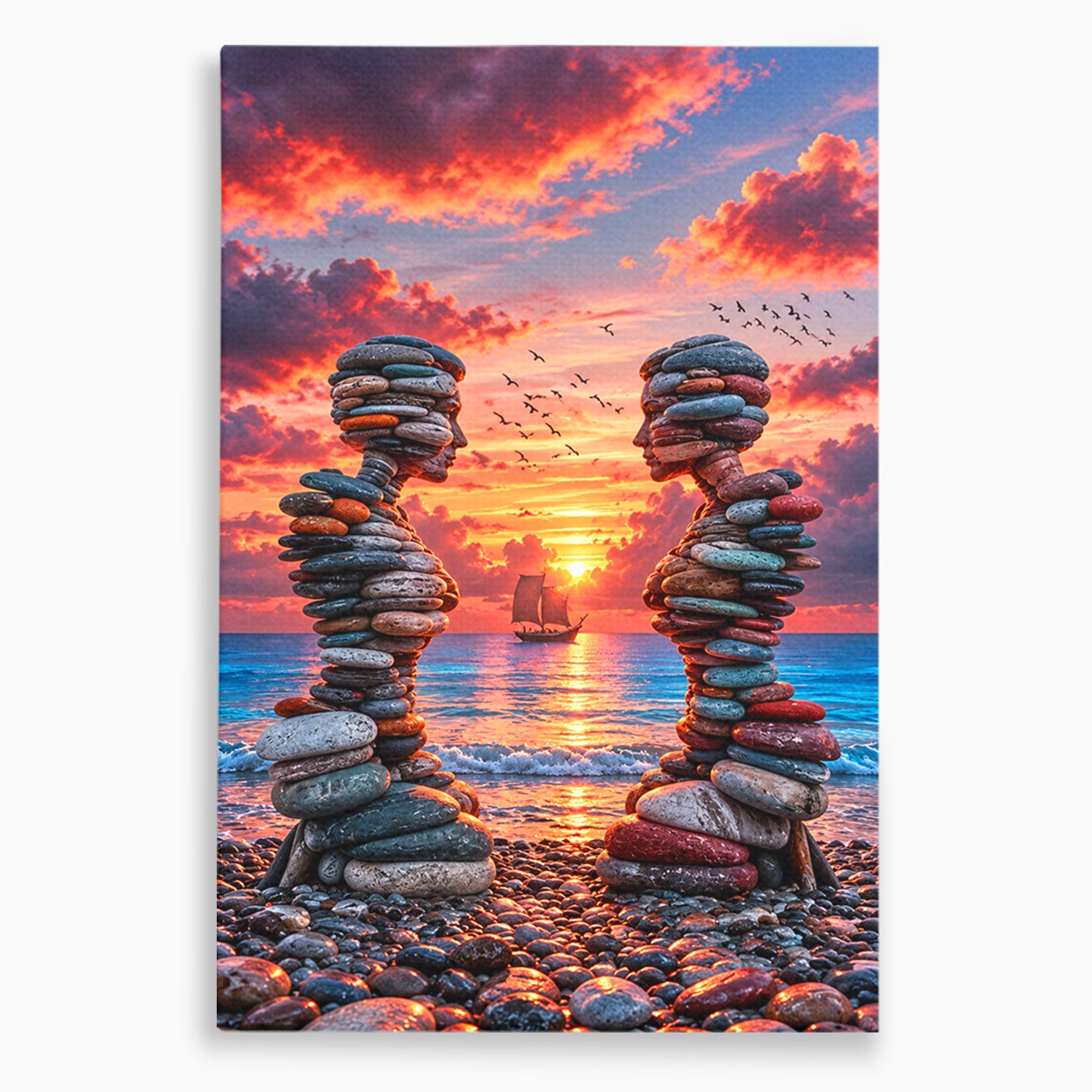 Tablou Canvas Premium LuxCanva® U1218, Siluete De Piatra La Apus, Mare, Vapor, Siluete, Piatra, Apus, Living, Dormitor, Culori Vibrante
