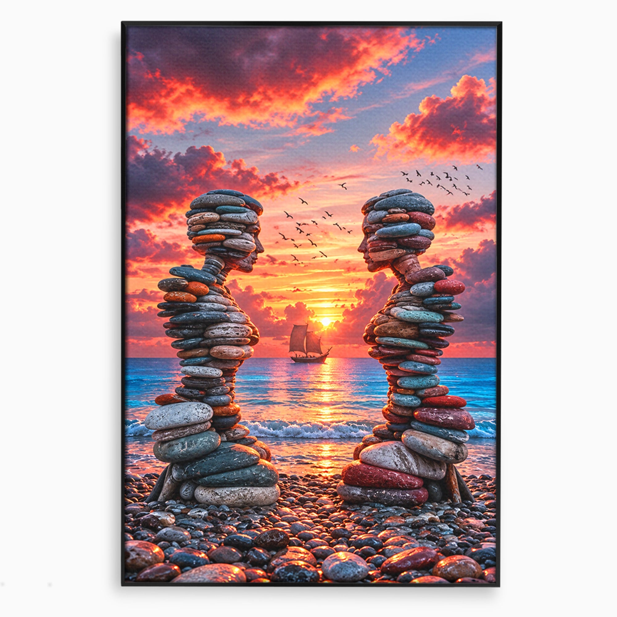 Tablou Canvas Premium LuxCanva® U1218, Siluete De Piatra La Apus, Mare, Vapor, Siluete, Piatra, Apus, Living, Dormitor, Culori Vibrante