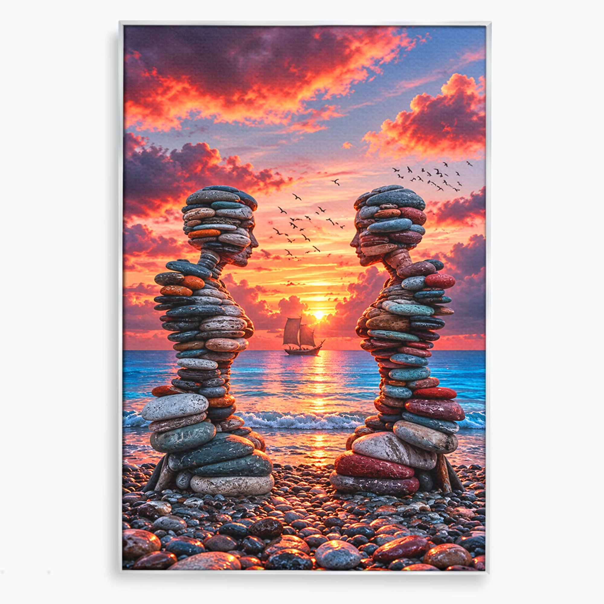 Tablou Canvas Premium LuxCanva® U1218, Siluete De Piatra La Apus, Mare, Vapor, Siluete, Piatra, Apus, Living, Dormitor, Culori Vibrante