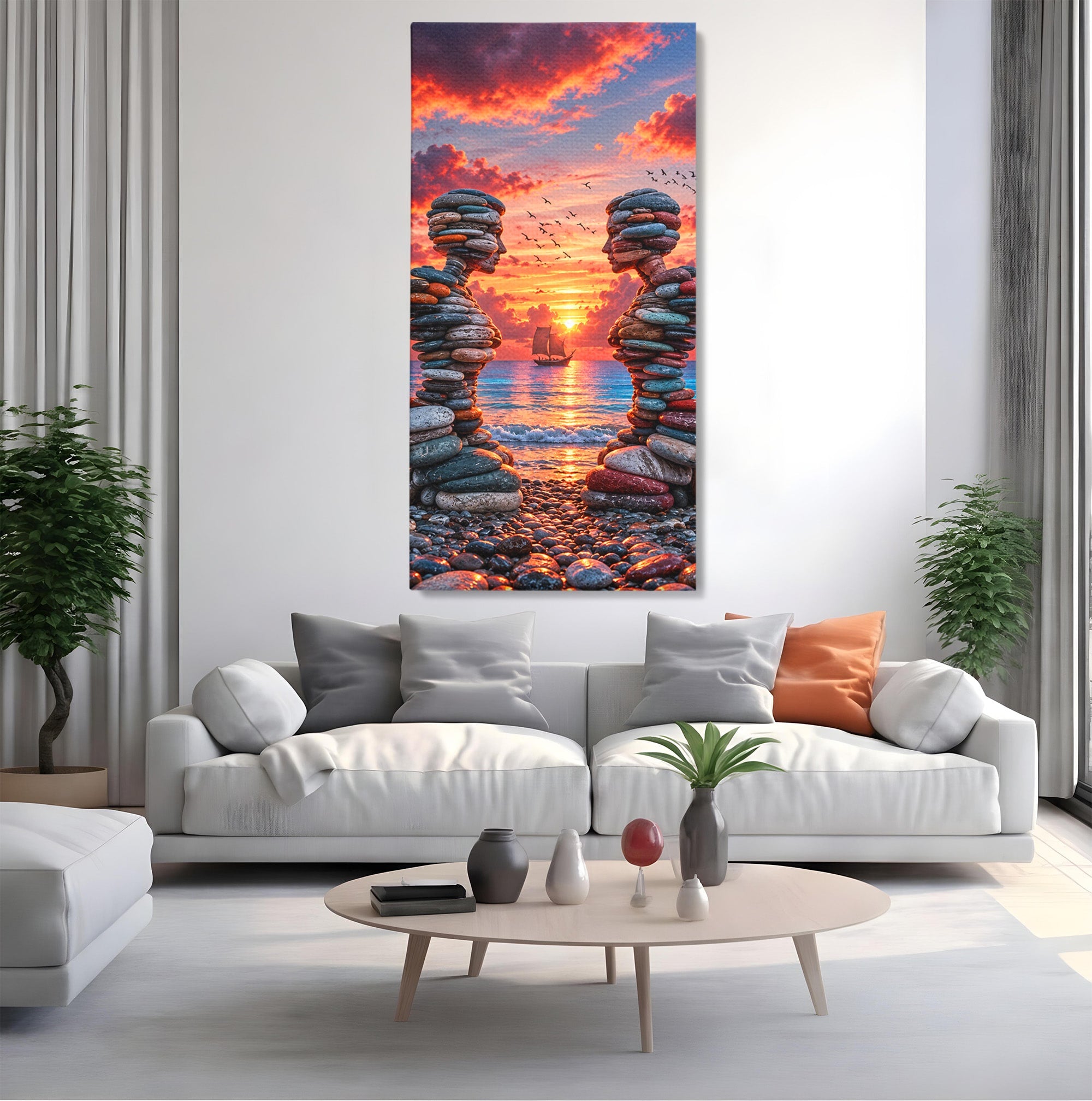 Tablou Canvas Premium LuxCanva® U1218, Siluete De Piatra La Apus, Mare, Vapor, Siluete, Piatra, Apus, Living, Dormitor, Culori Vibrante