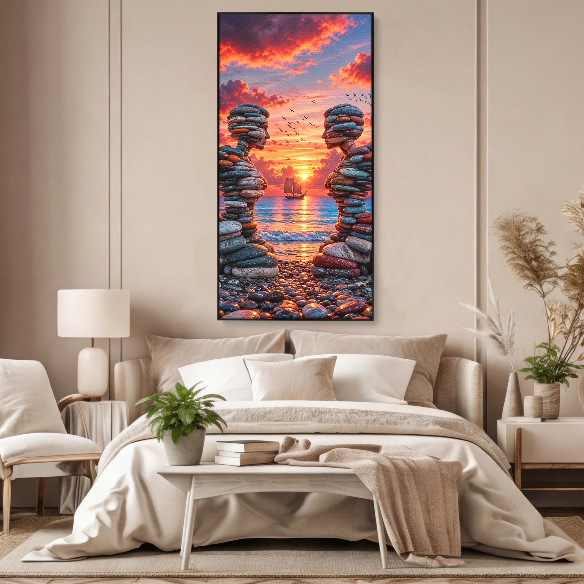Tablou Canvas Premium LuxCanva® U1218, Siluete De Piatra La Apus, Mare, Vapor, Siluete, Piatra, Apus, Living, Dormitor, Culori Vibrante