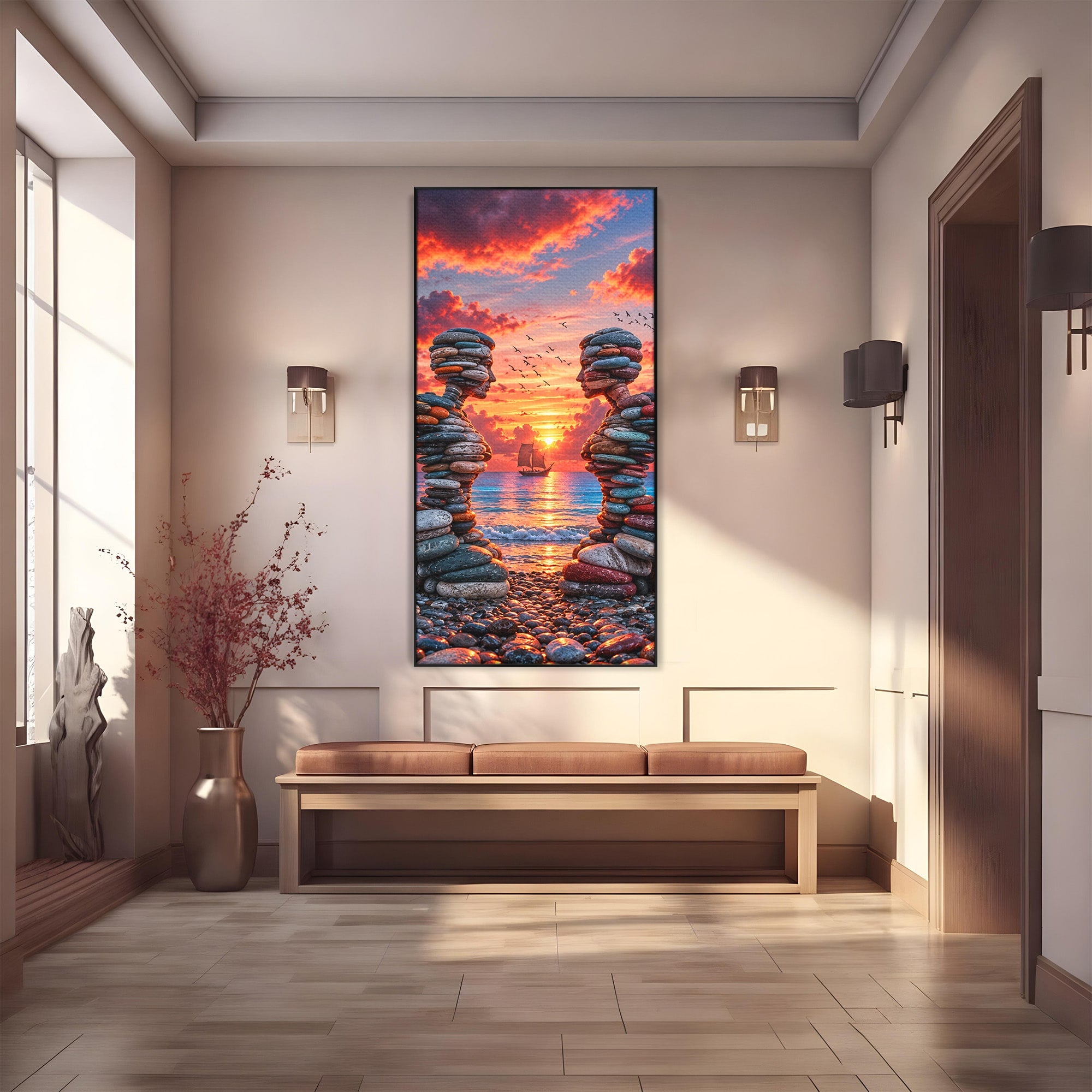 Tablou Canvas Premium LuxCanva® U1218, Siluete De Piatra La Apus, Mare, Vapor, Siluete, Piatra, Apus, Living, Dormitor, Culori Vibrante