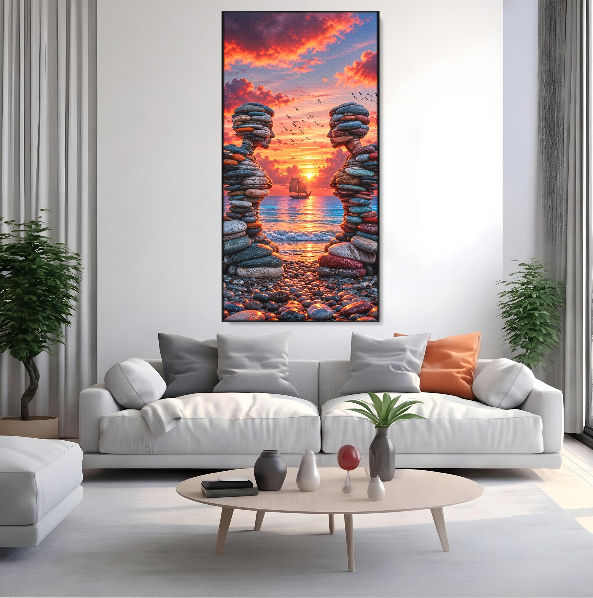 Tablou Canvas Premium LuxCanva® U1218, Siluete De Piatra La Apus, Mare, Vapor, Siluete, Piatra, Apus, Living, Dormitor, Culori Vibrante