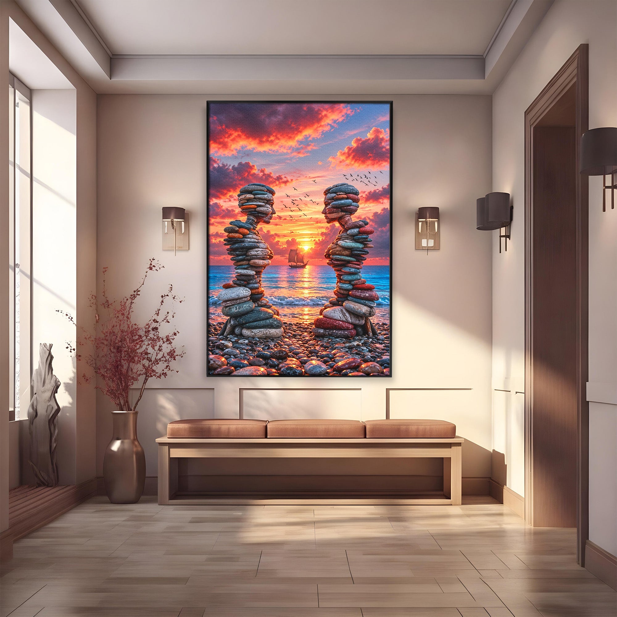 Tablou Canvas Premium LuxCanva® U1218, Siluete De Piatra La Apus, Mare, Vapor, Siluete, Piatra, Apus, Living, Dormitor, Culori Vibrante