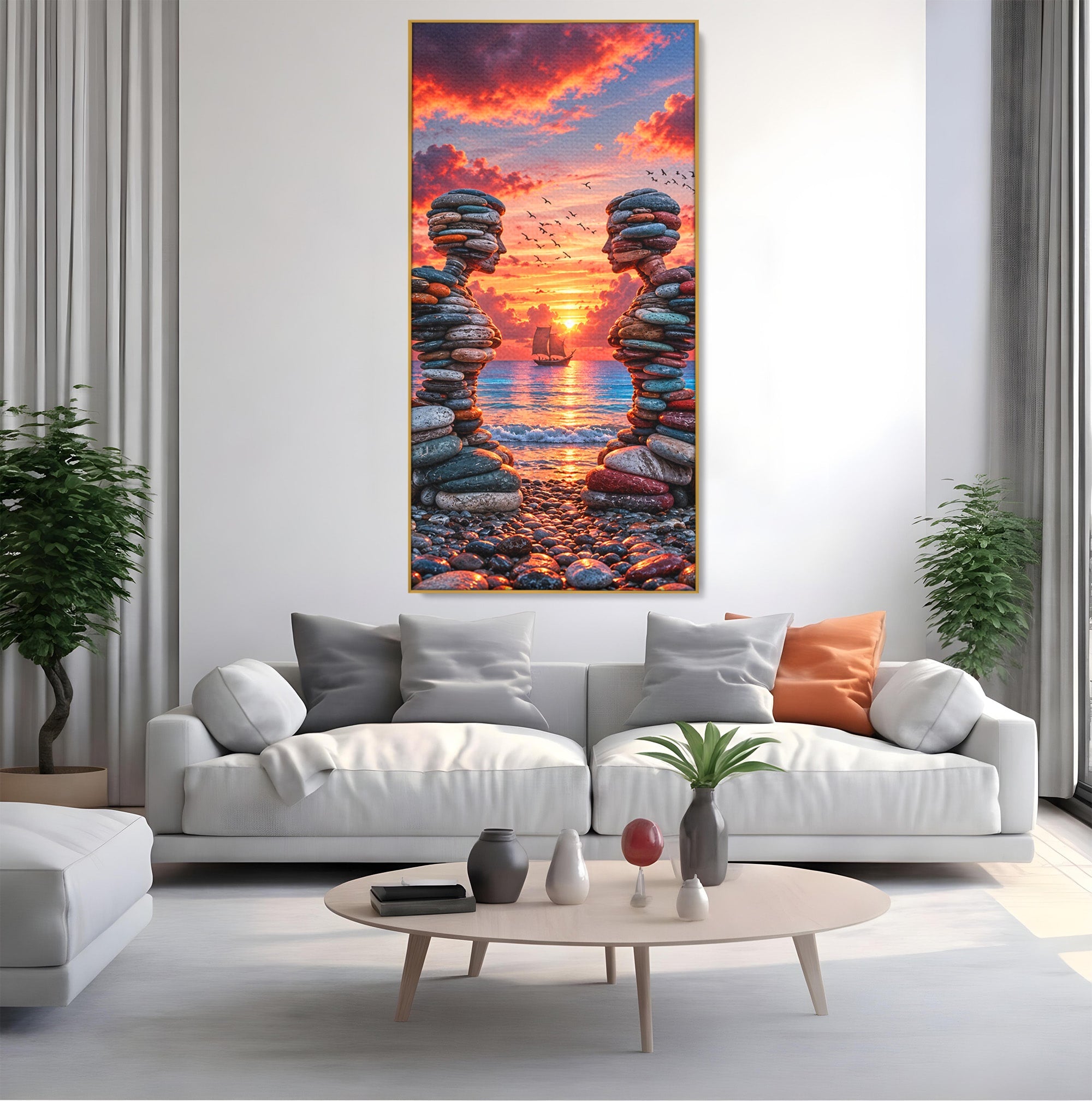 Tablou Canvas Premium LuxCanva® U1218, Siluete De Piatra La Apus, Mare, Vapor, Siluete, Piatra, Apus, Living, Dormitor, Culori Vibrante