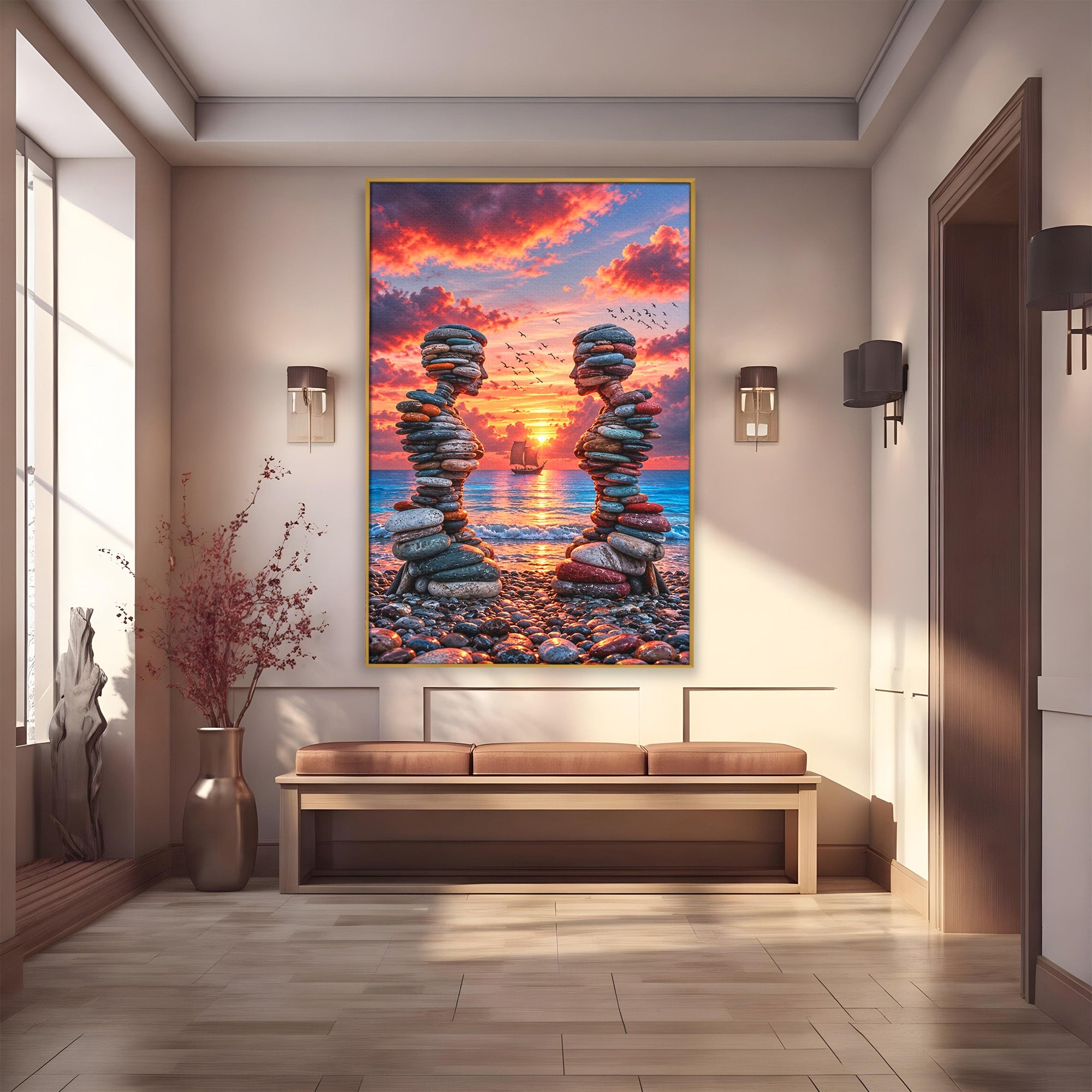 Tablou Canvas Premium LuxCanva® U1218, Siluete De Piatra La Apus, Mare, Vapor, Siluete, Piatra, Apus, Living, Dormitor, Culori Vibrante