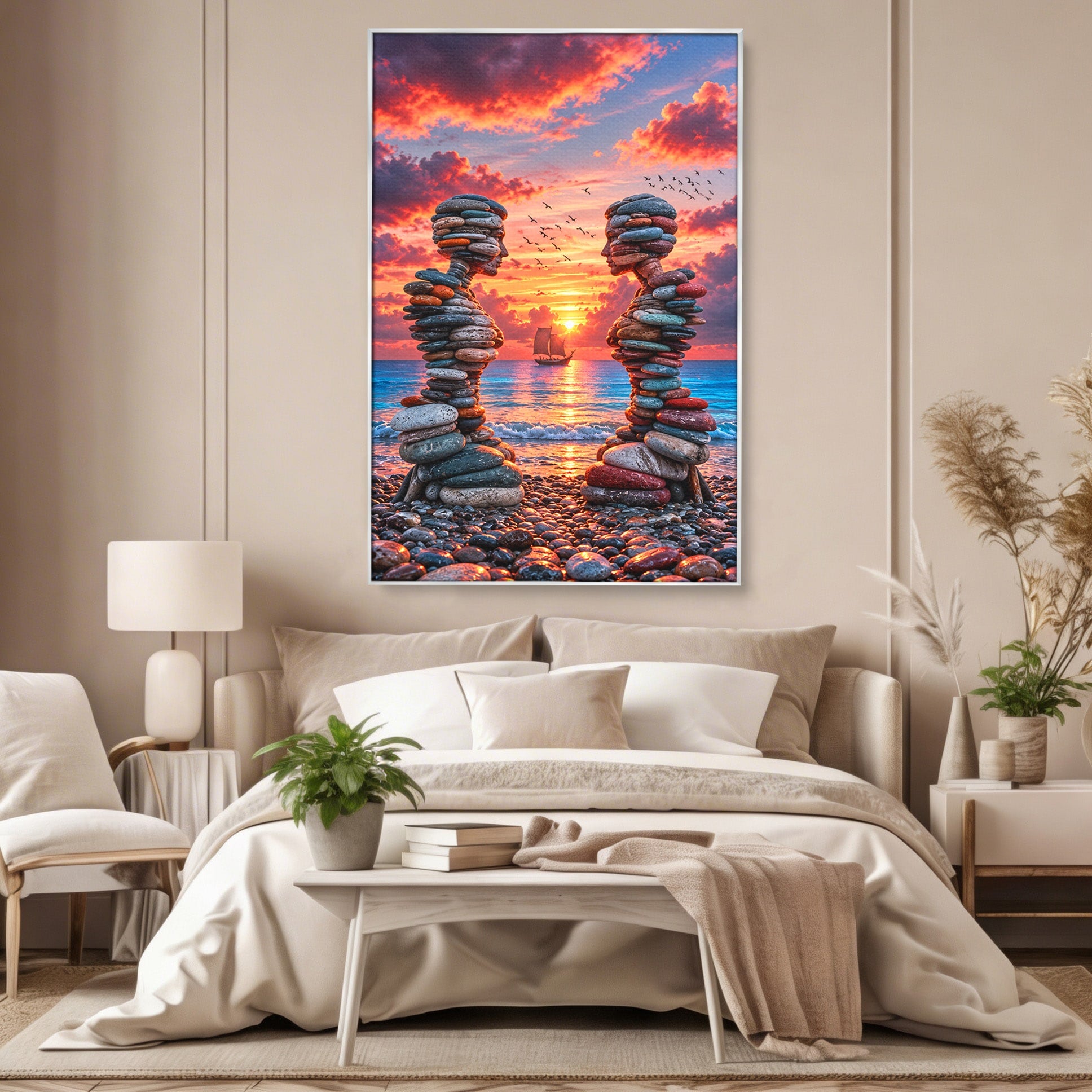 Tablou Canvas Premium LuxCanva® U1218, Siluete De Piatra La Apus, Mare, Vapor, Siluete, Piatra, Apus, Living, Dormitor, Culori Vibrante