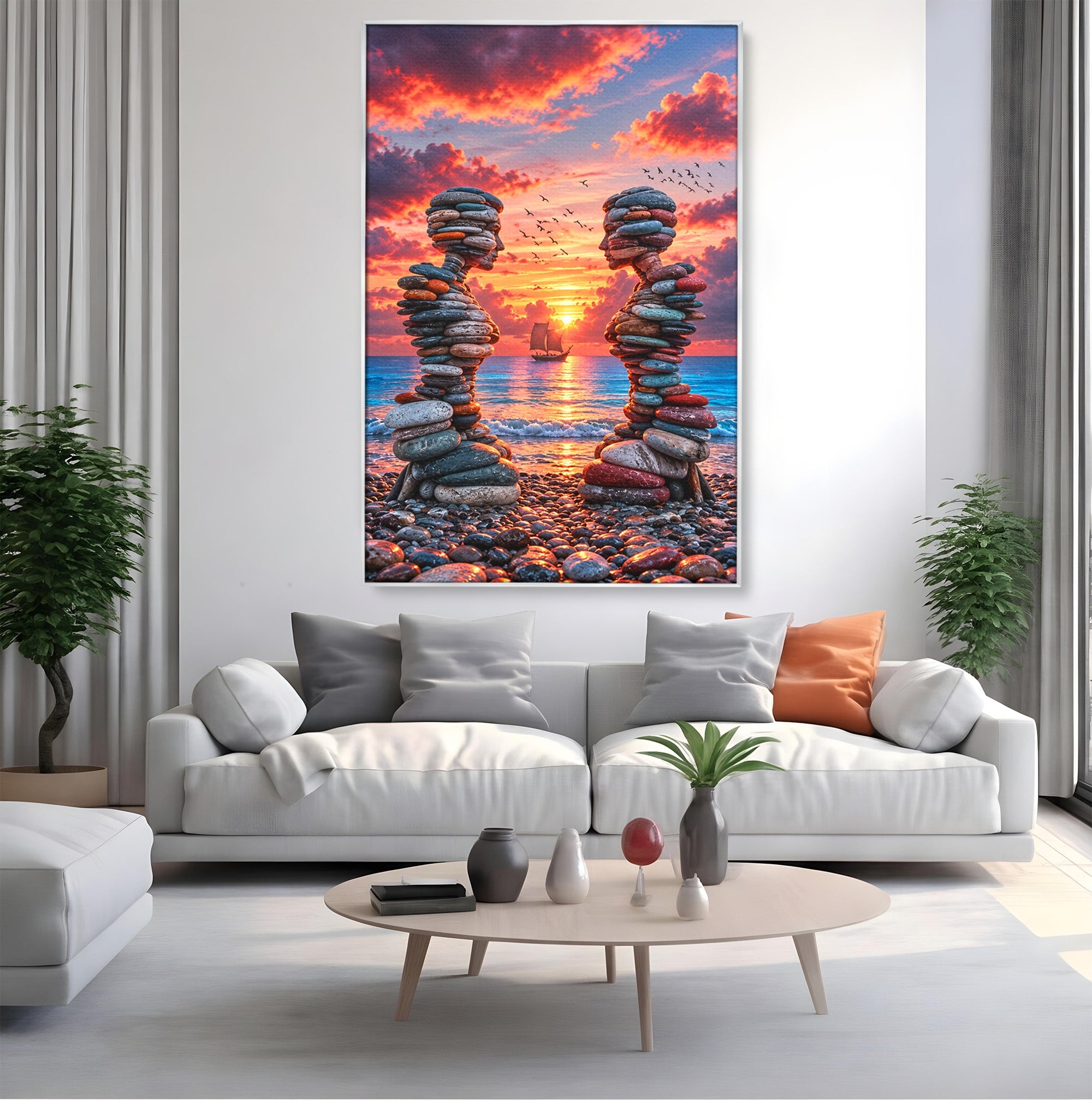 Tablou Canvas Premium LuxCanva® U1218, Siluete De Piatra La Apus, Mare, Vapor, Siluete, Piatra, Apus, Living, Dormitor, Culori Vibrante