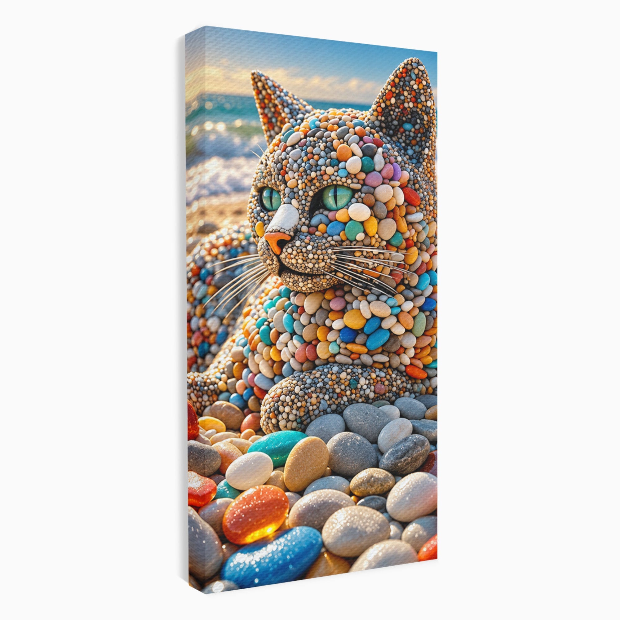 Tablou Canvas Premium LuxCanva® U1219, Pisica Din Pietricele, Pisica, Plaja, Pietre, Animale, Living, Culori Vibrante