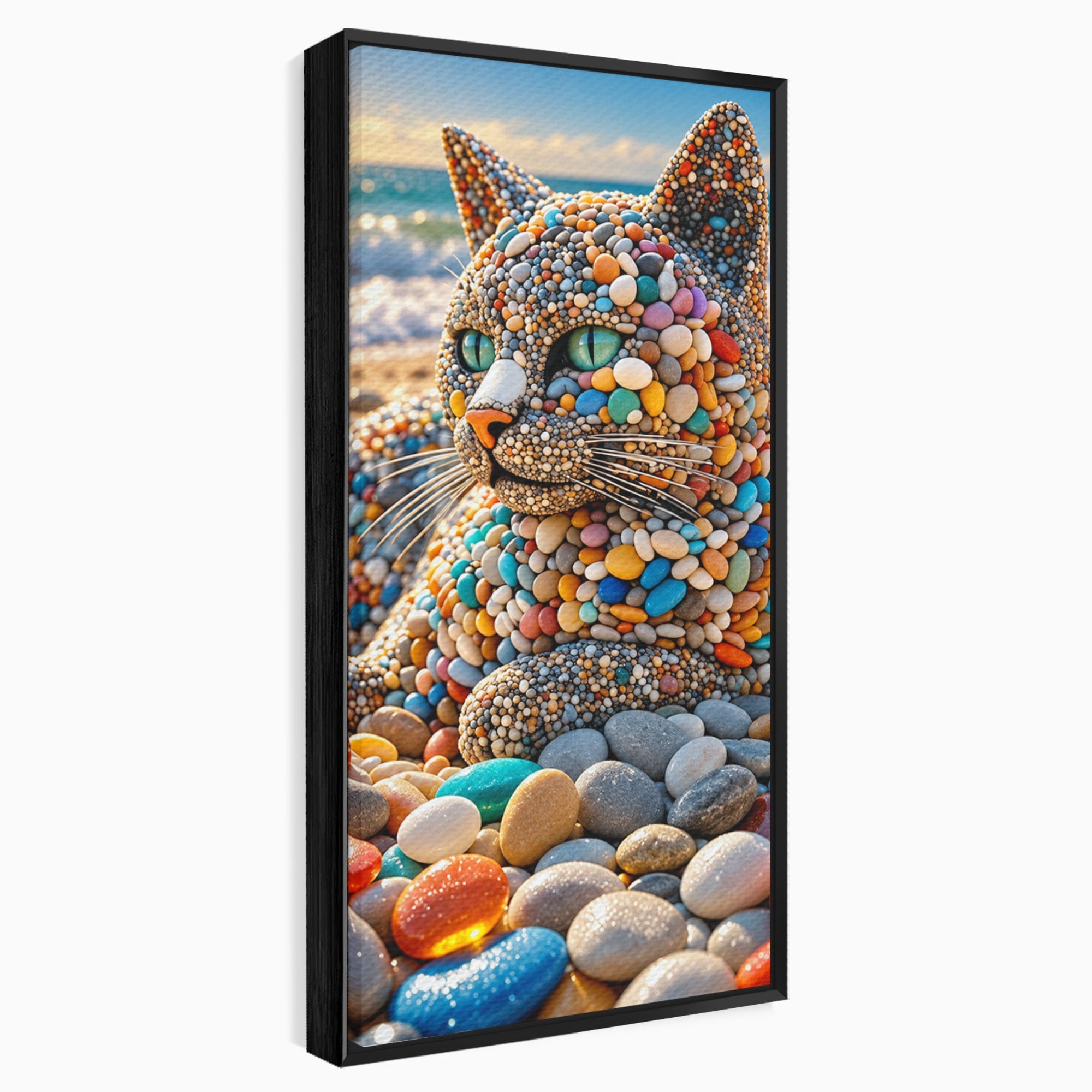 Tablou Canvas Premium LuxCanva® U1219, Pisica Din Pietricele, Pisica, Plaja, Pietre, Animale, Living, Culori Vibrante