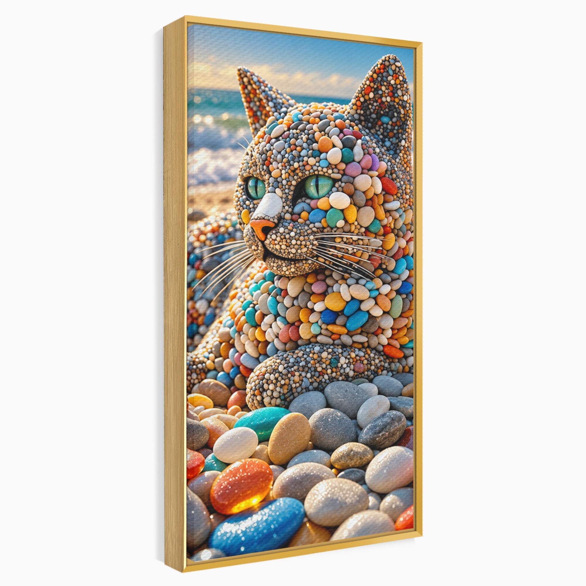 Tablou Canvas Premium LuxCanva® U1219, Pisica Din Pietricele, Pisica, Plaja, Pietre, Animale, Living, Culori Vibrante