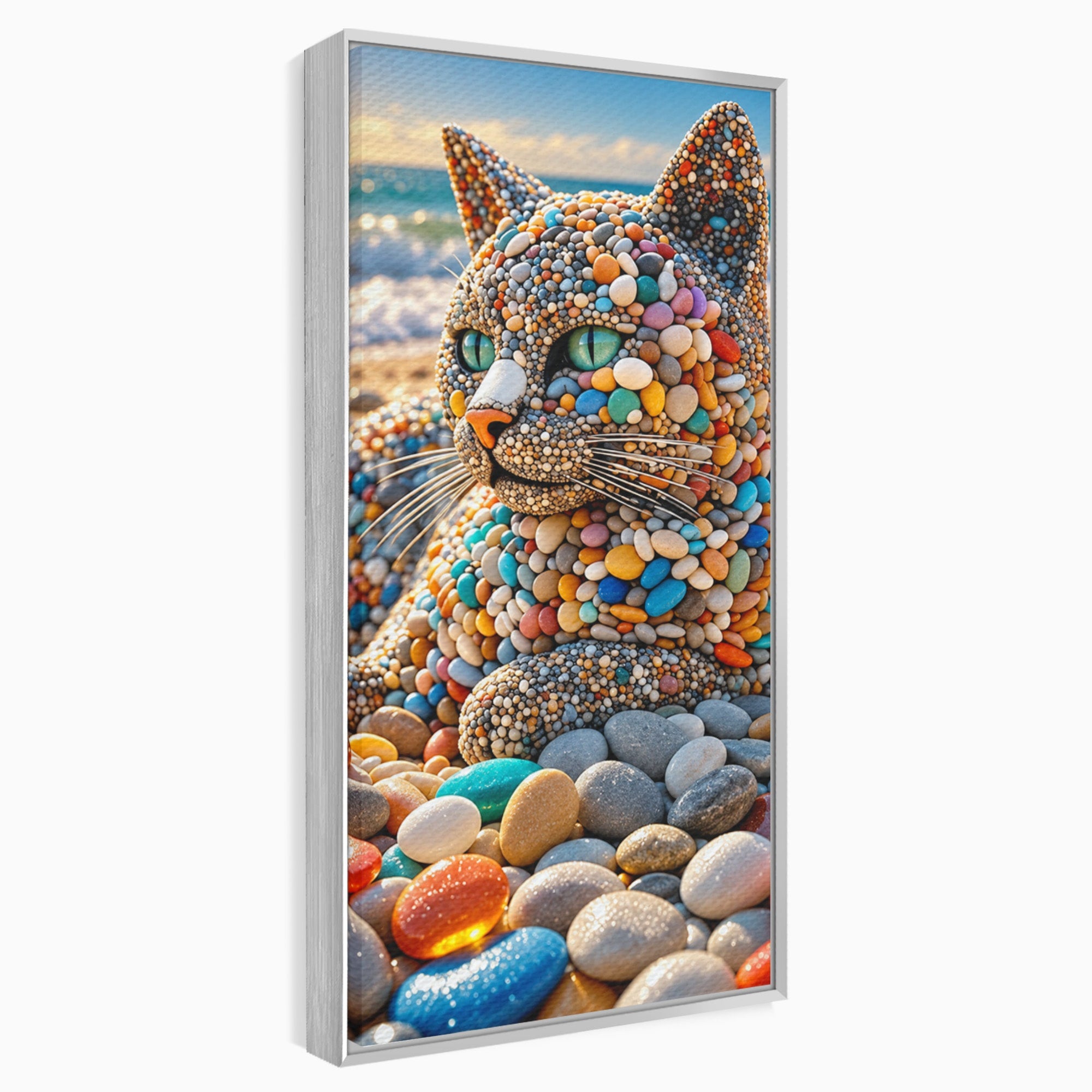 Tablou Canvas Premium LuxCanva® U1219, Pisica Din Pietricele, Pisica, Plaja, Pietre, Animale, Living, Culori Vibrante