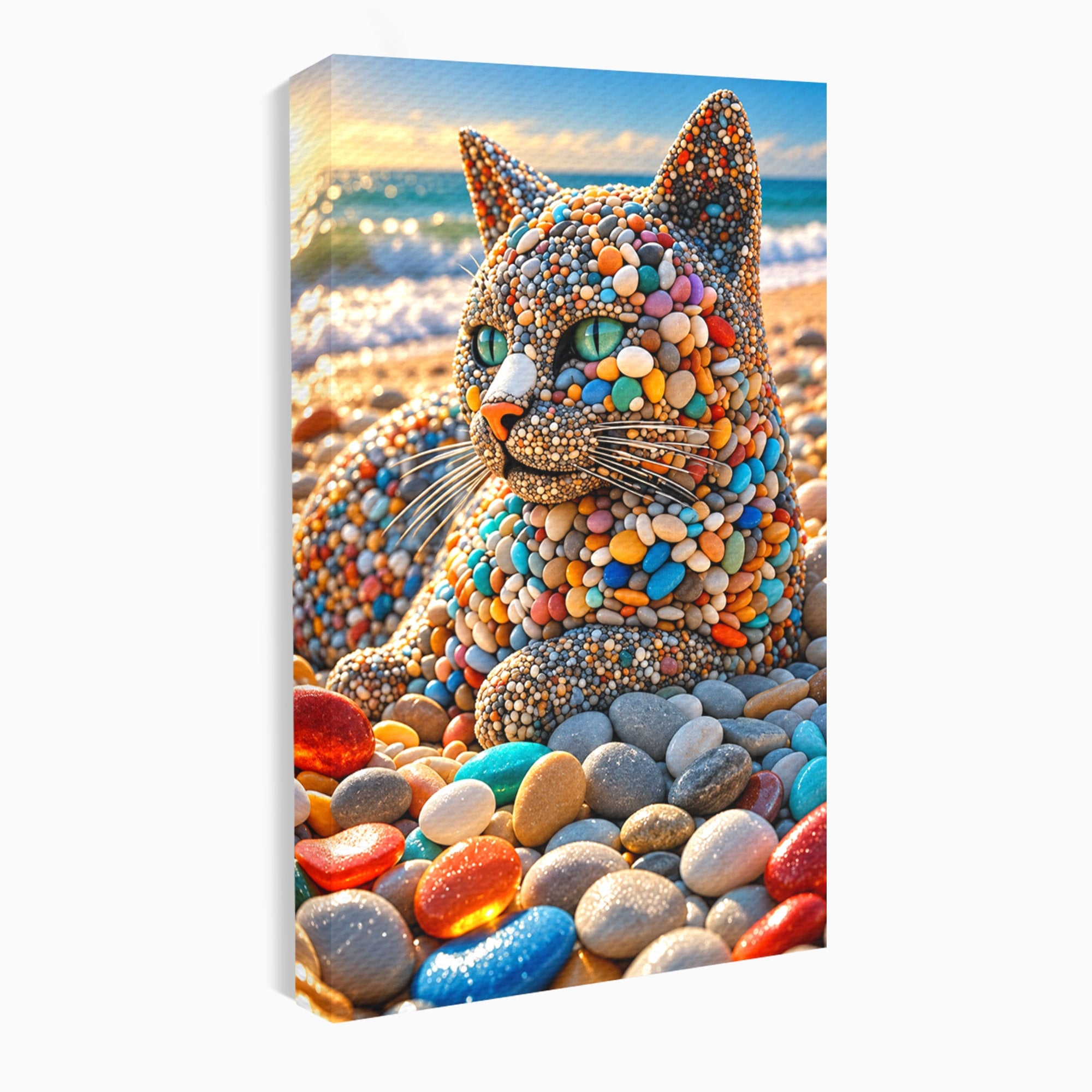 Tablou Canvas Premium LuxCanva® U1219, Pisica Din Pietricele, Pisica, Plaja, Pietre, Animale, Living, Culori Vibrante