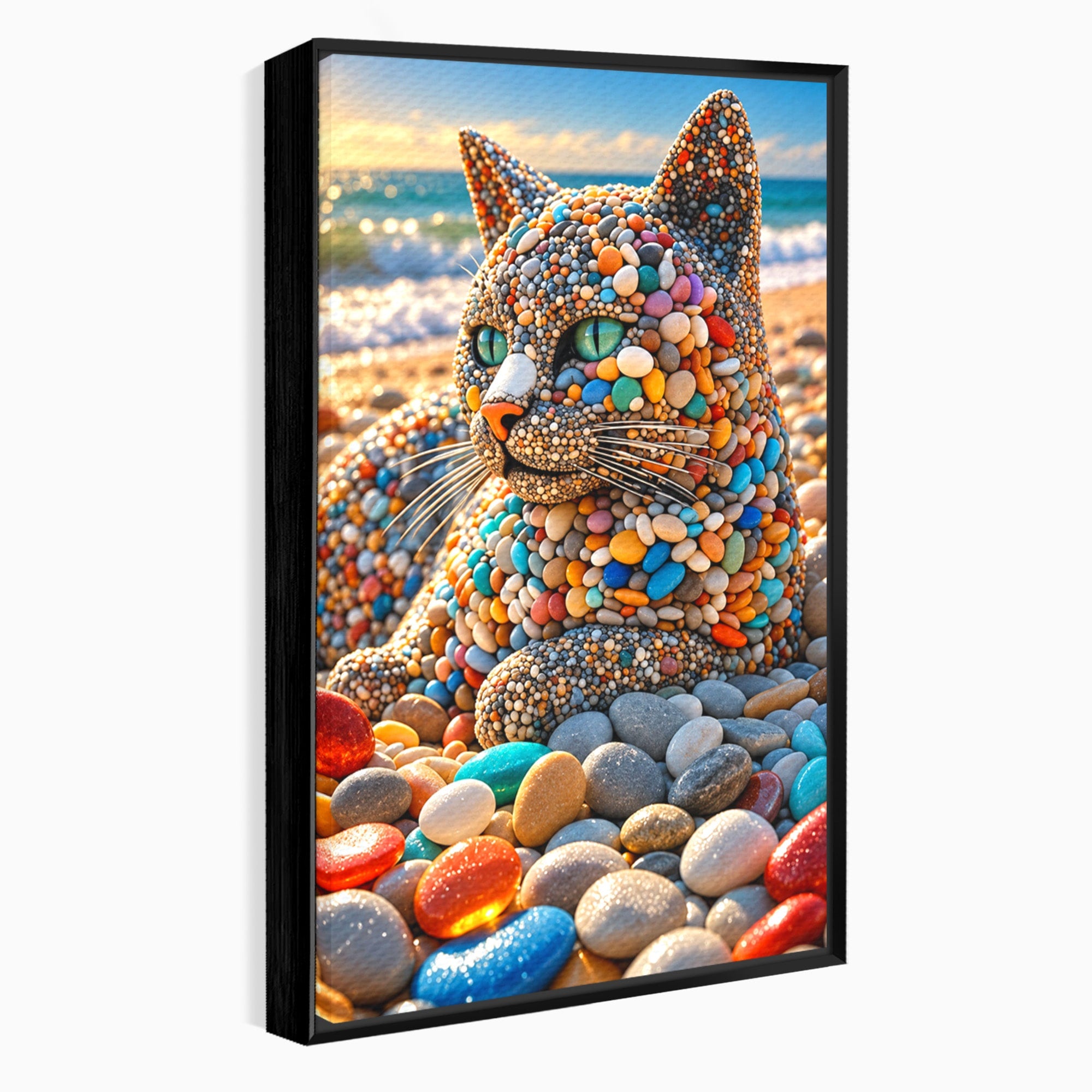 Tablou Canvas Premium LuxCanva® U1219, Pisica Din Pietricele, Pisica, Plaja, Pietre, Animale, Living, Culori Vibrante