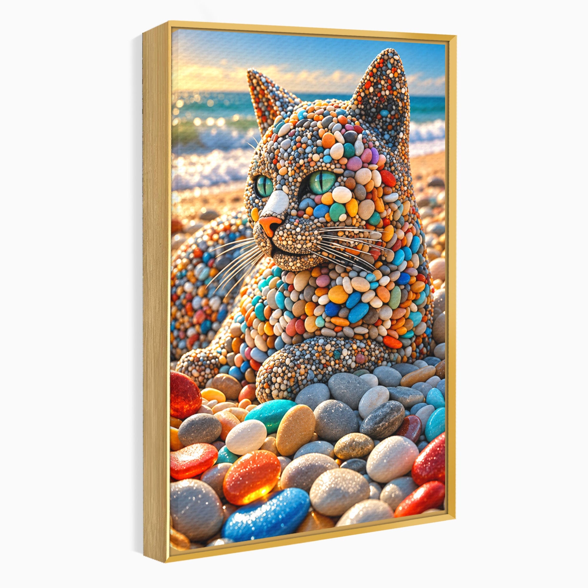 Tablou Canvas Premium LuxCanva® U1219, Pisica Din Pietricele, Pisica, Plaja, Pietre, Animale, Living, Culori Vibrante