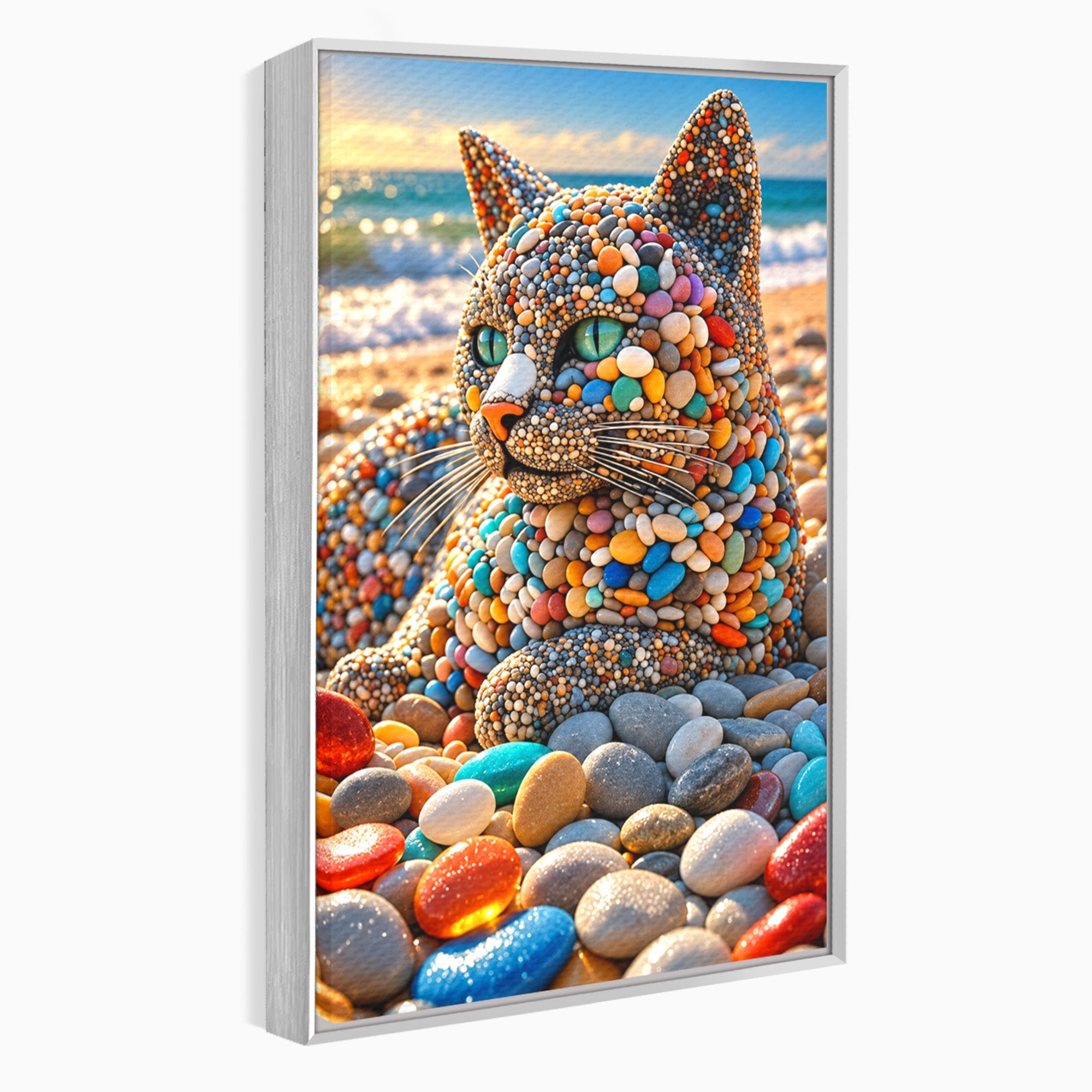 Tablou Canvas Premium LuxCanva® U1219, Pisica Din Pietricele, Pisica, Plaja, Pietre, Animale, Living, Culori Vibrante