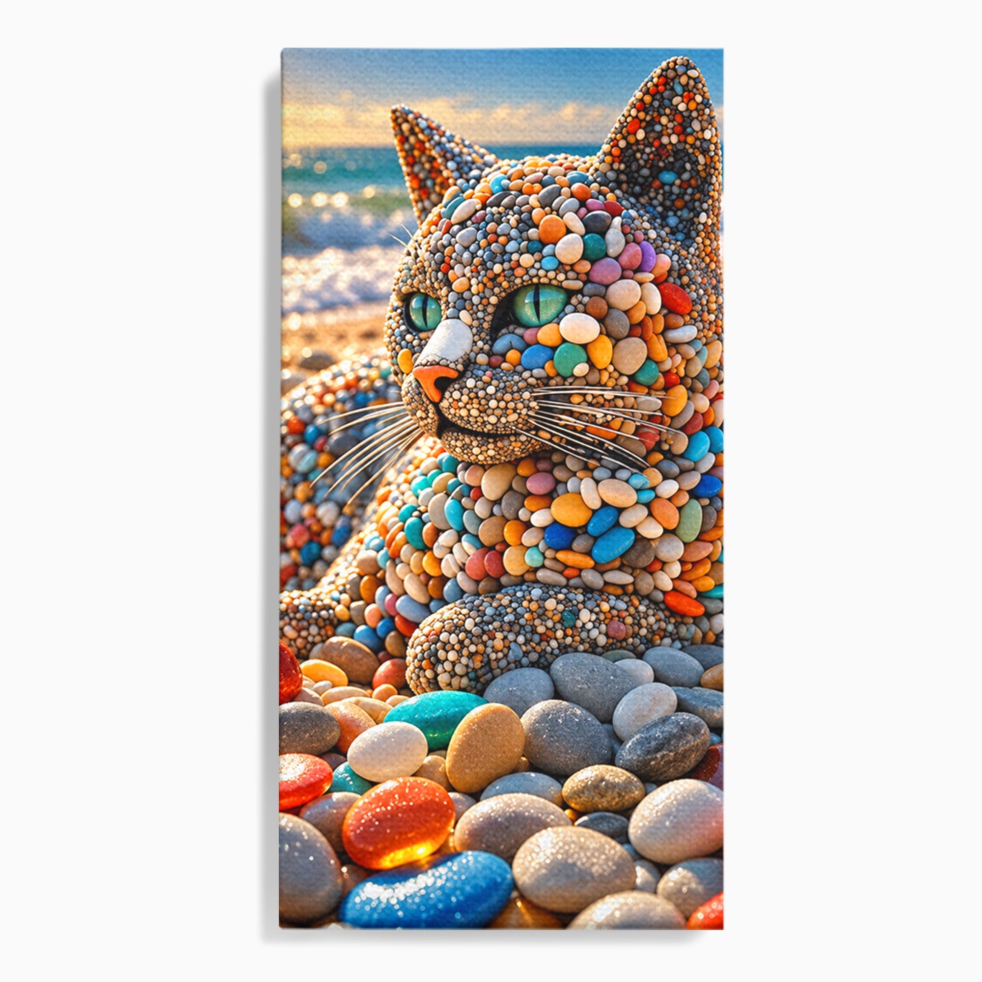 Tablou Canvas Premium LuxCanva® U1219, Pisica Din Pietricele, Pisica, Plaja, Pietre, Animale, Living, Culori Vibrante