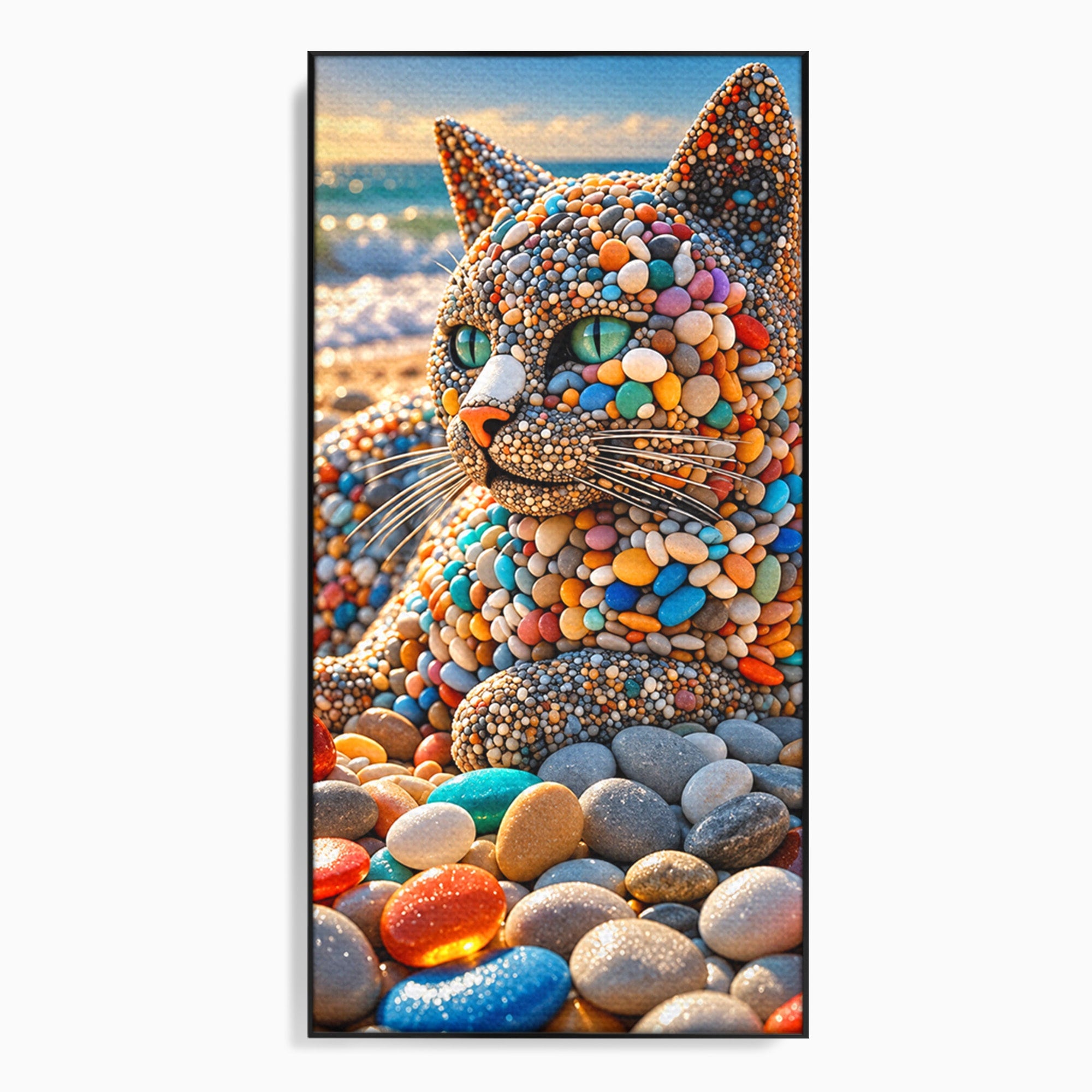 Tablou Canvas Premium LuxCanva® U1219, Pisica Din Pietricele, Pisica, Plaja, Pietre, Animale, Living, Culori Vibrante