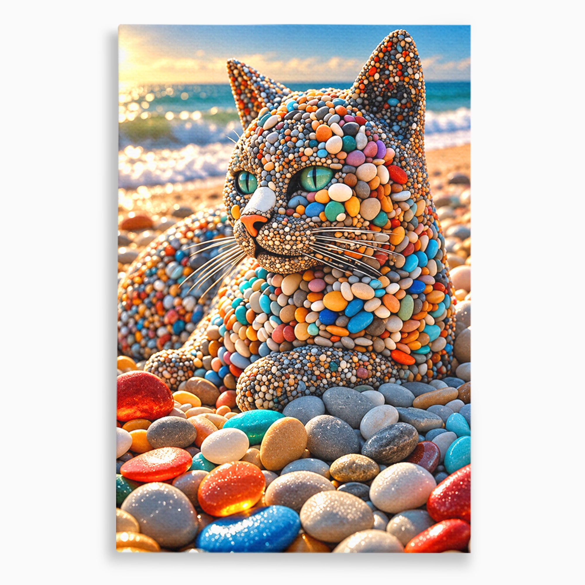 Tablou Canvas Premium LuxCanva® U1219, Pisica Din Pietricele, Pisica, Plaja, Pietre, Animale, Living, Culori Vibrante