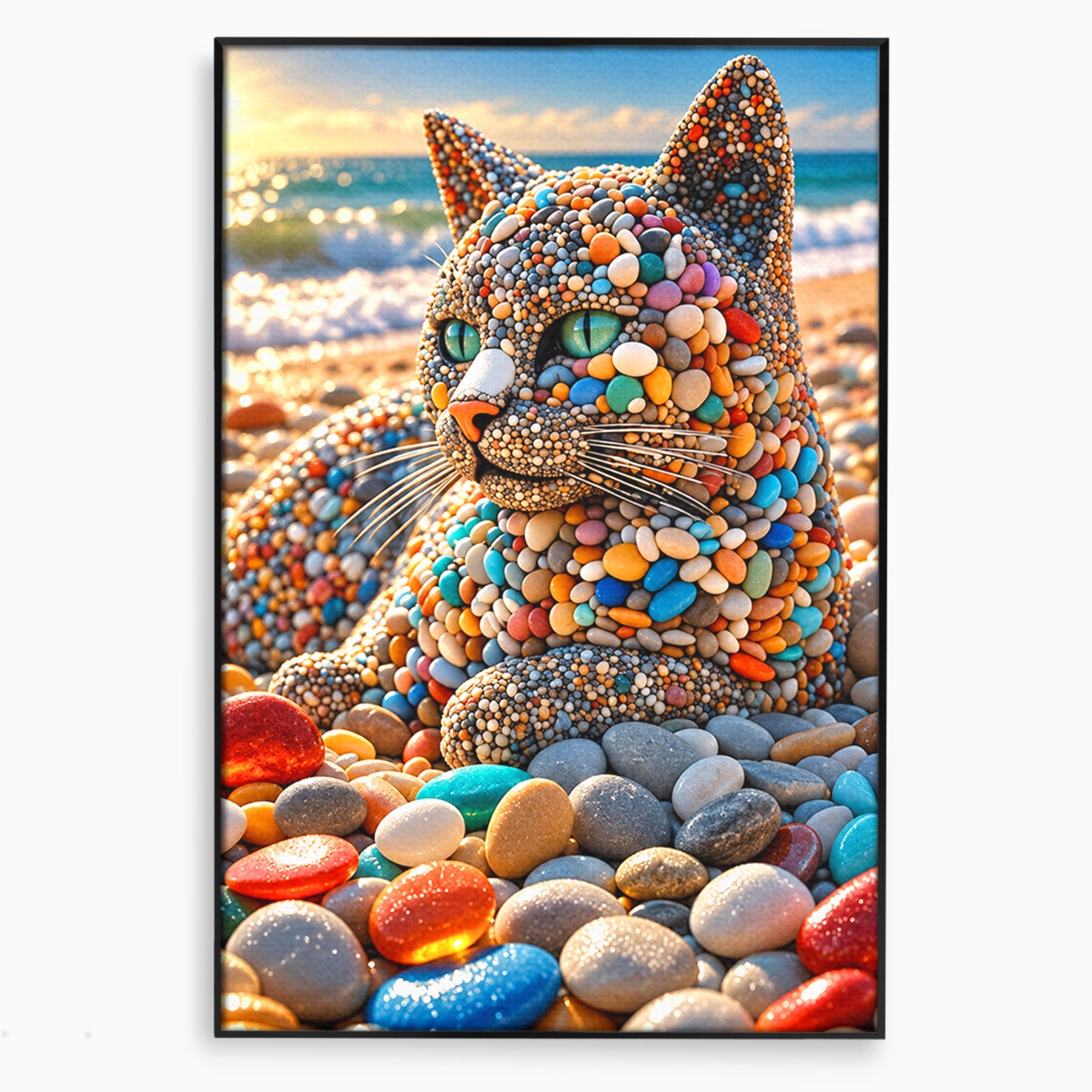 Tablou Canvas Premium LuxCanva® U1219, Pisica Din Pietricele, Pisica, Plaja, Pietre, Animale, Living, Culori Vibrante