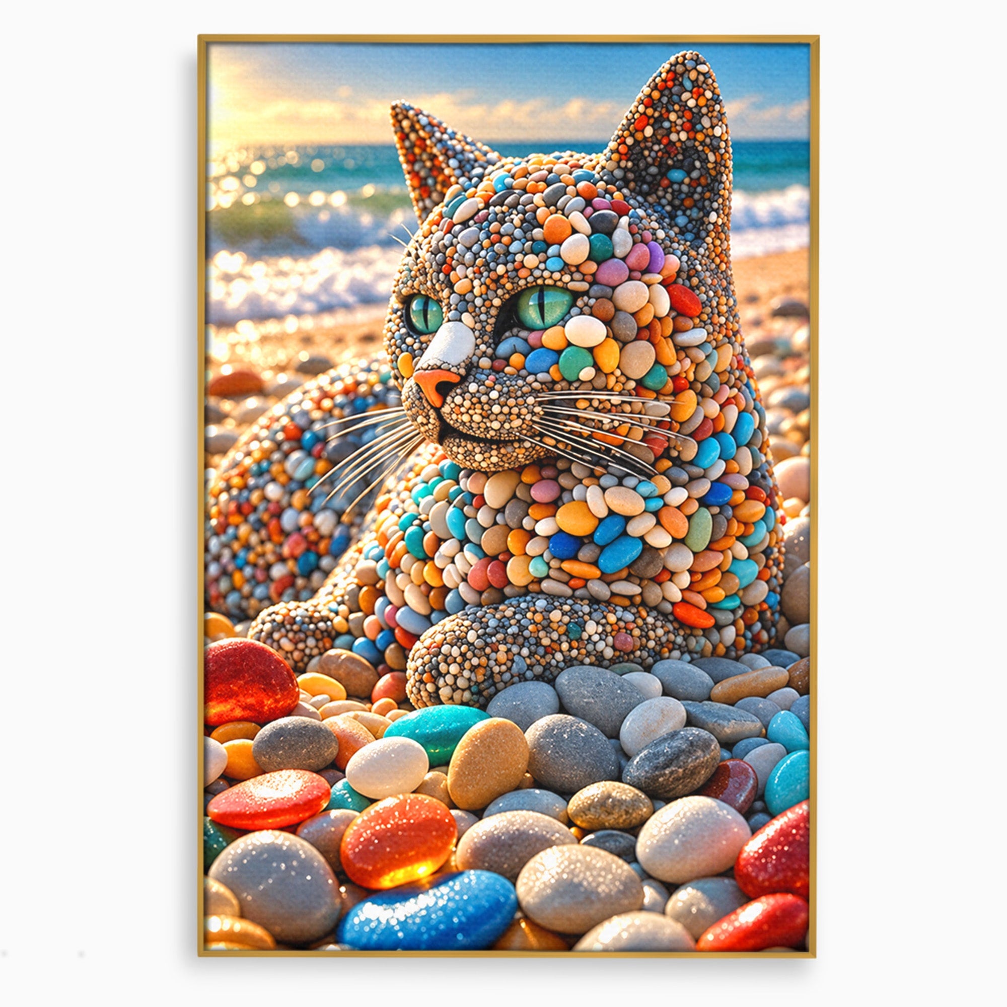 Tablou Canvas Premium LuxCanva® U1219, Pisica Din Pietricele, Pisica, Plaja, Pietre, Animale, Living, Culori Vibrante